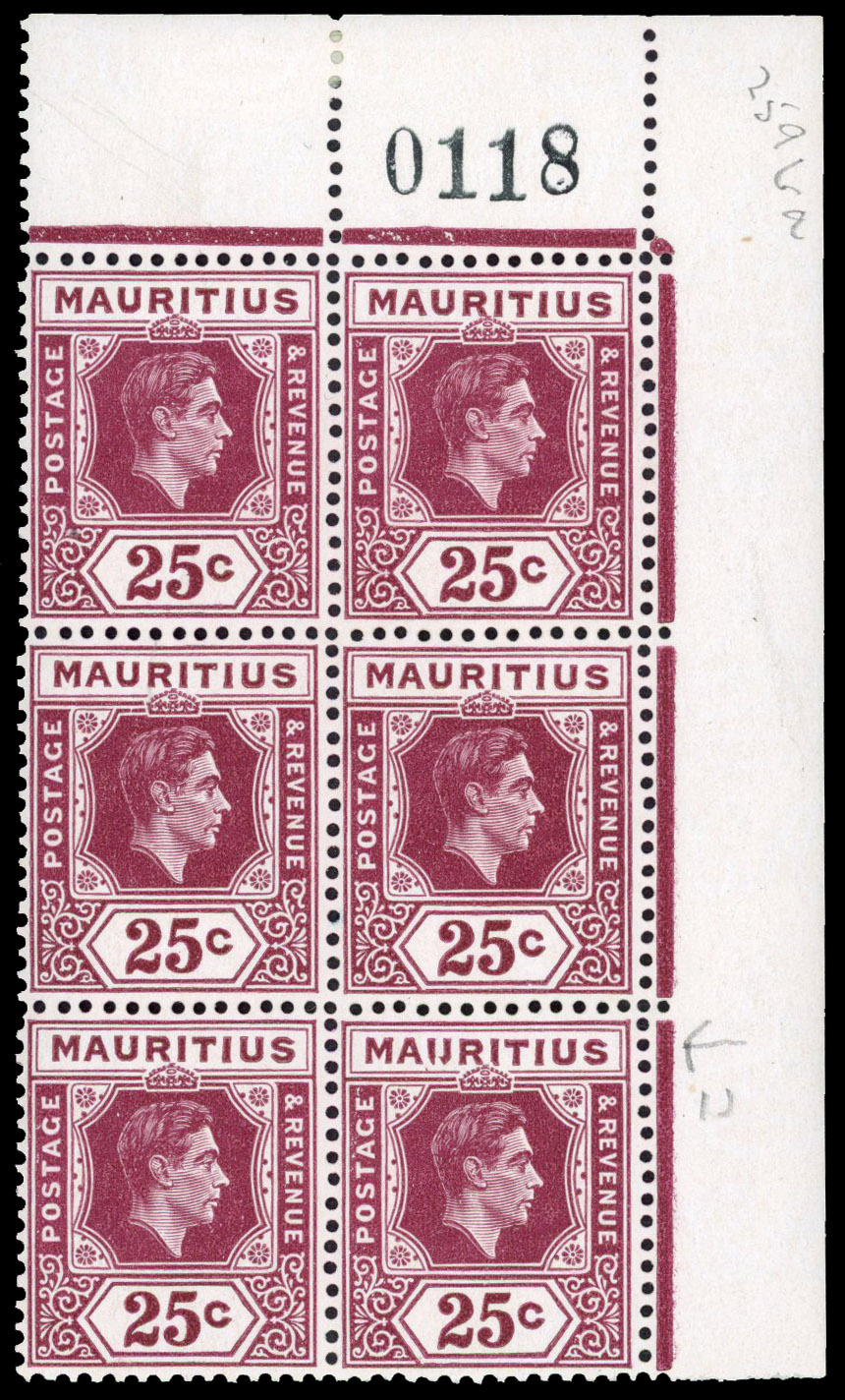 Mauritius SG 259ba 1941-9 25c 'IJ' flaw block mint
