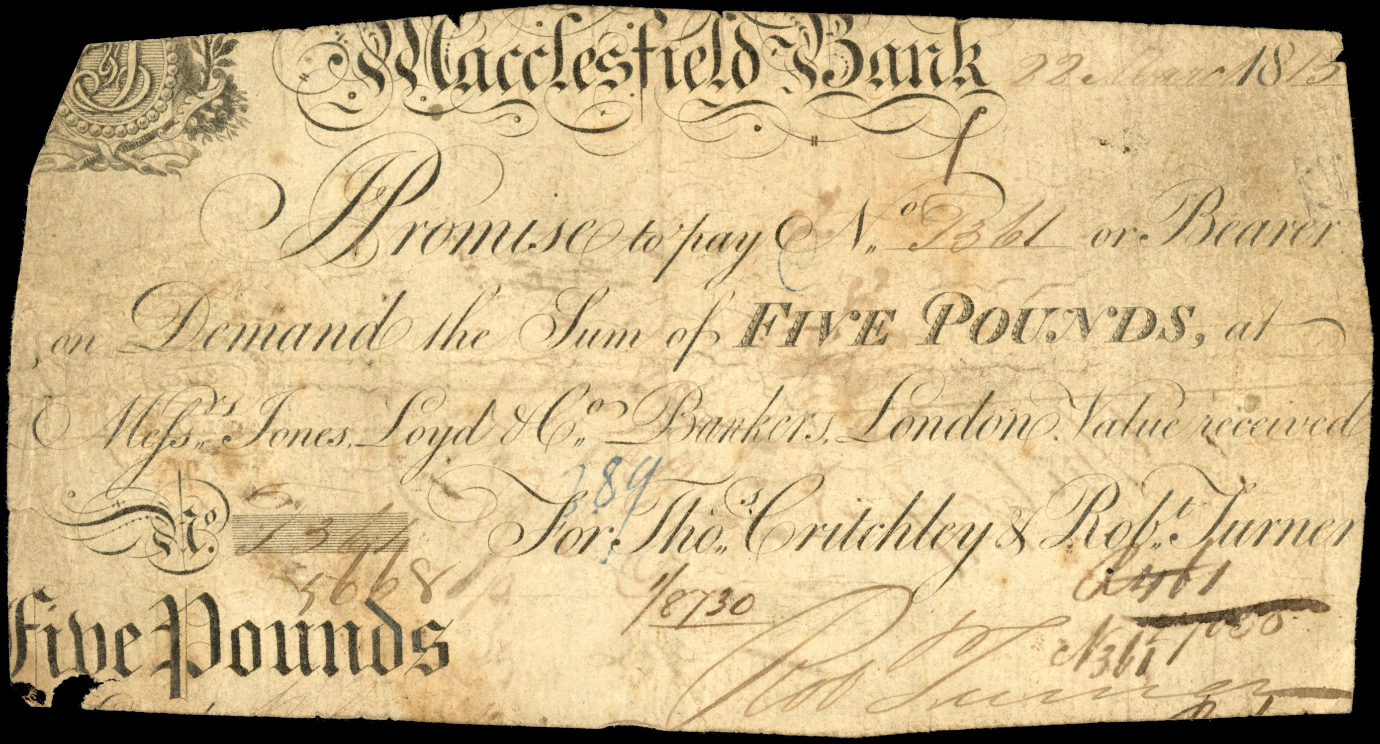 MACCLESFIELD, Macclesfield Bank, for Tho Critchley & Robt Turner, £5.,22 November 1815, serial number 1361, si…