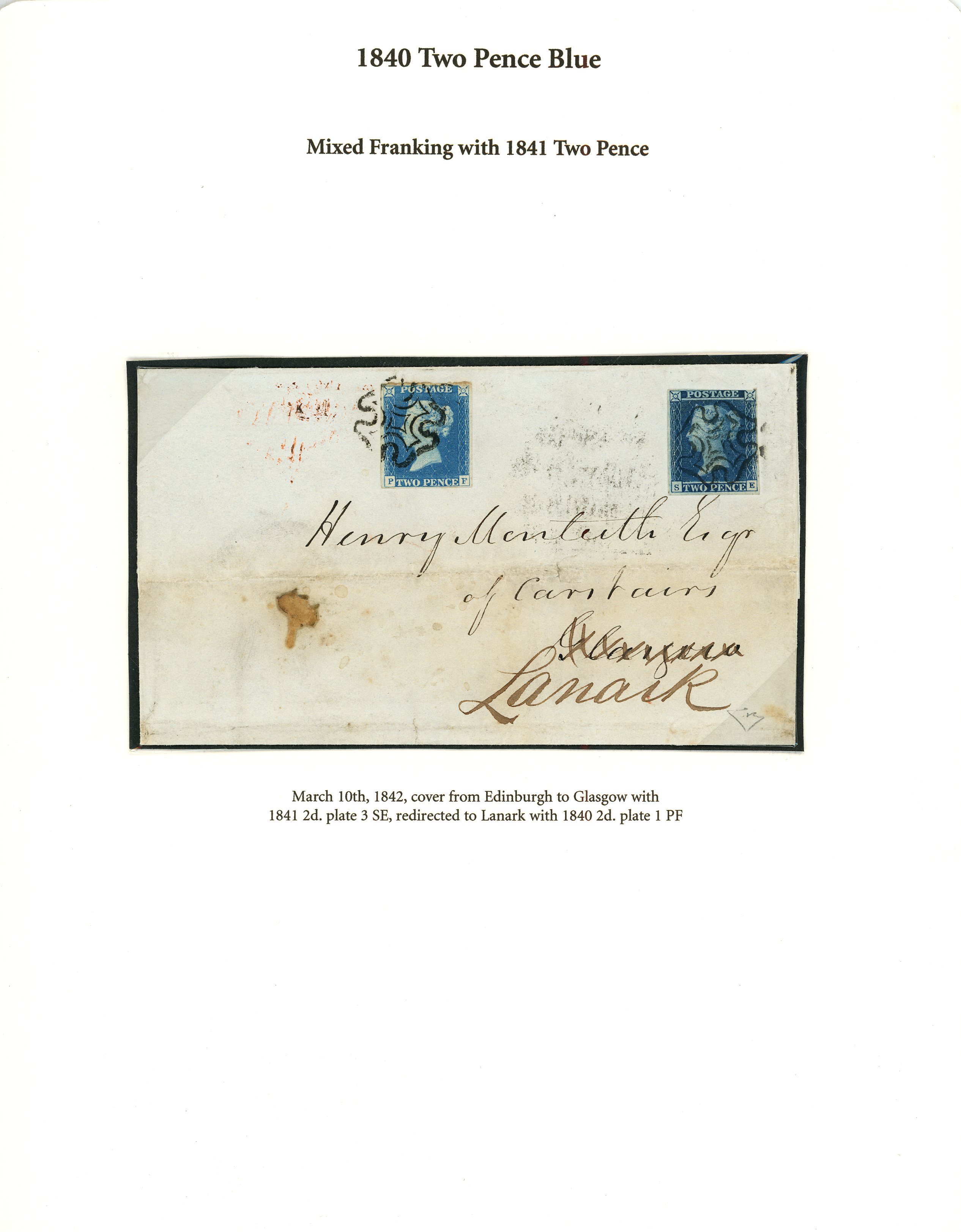 1842 (March 10th) cover Edinburgh to Glasgow with 1840 2d blue plate 1 (PF) and 1842 2d blue plate 3...