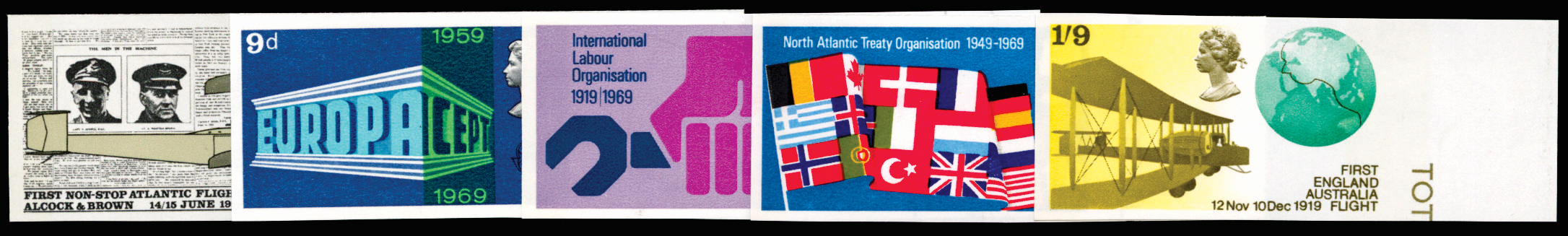 GB 1969 5d-1s9d Notable anniversaries. Superb unmounted o.g right hand marginal set of five imperforate… SG791/95var