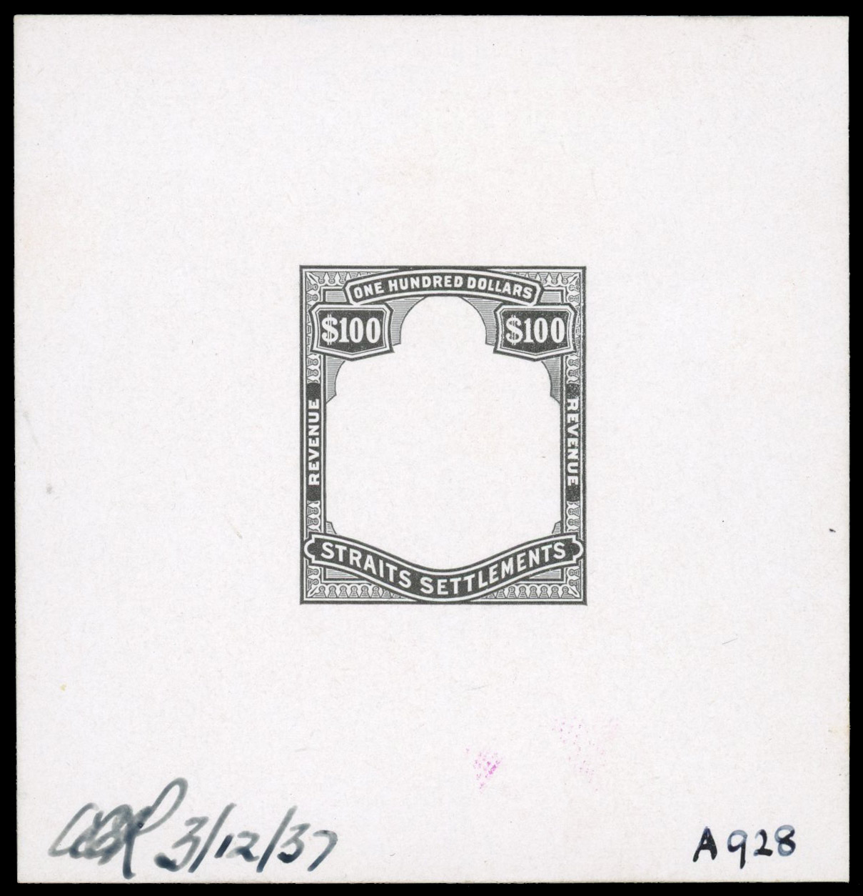 Straits Revenue 1938 $100 REVENUE-REVENUE Die Proof