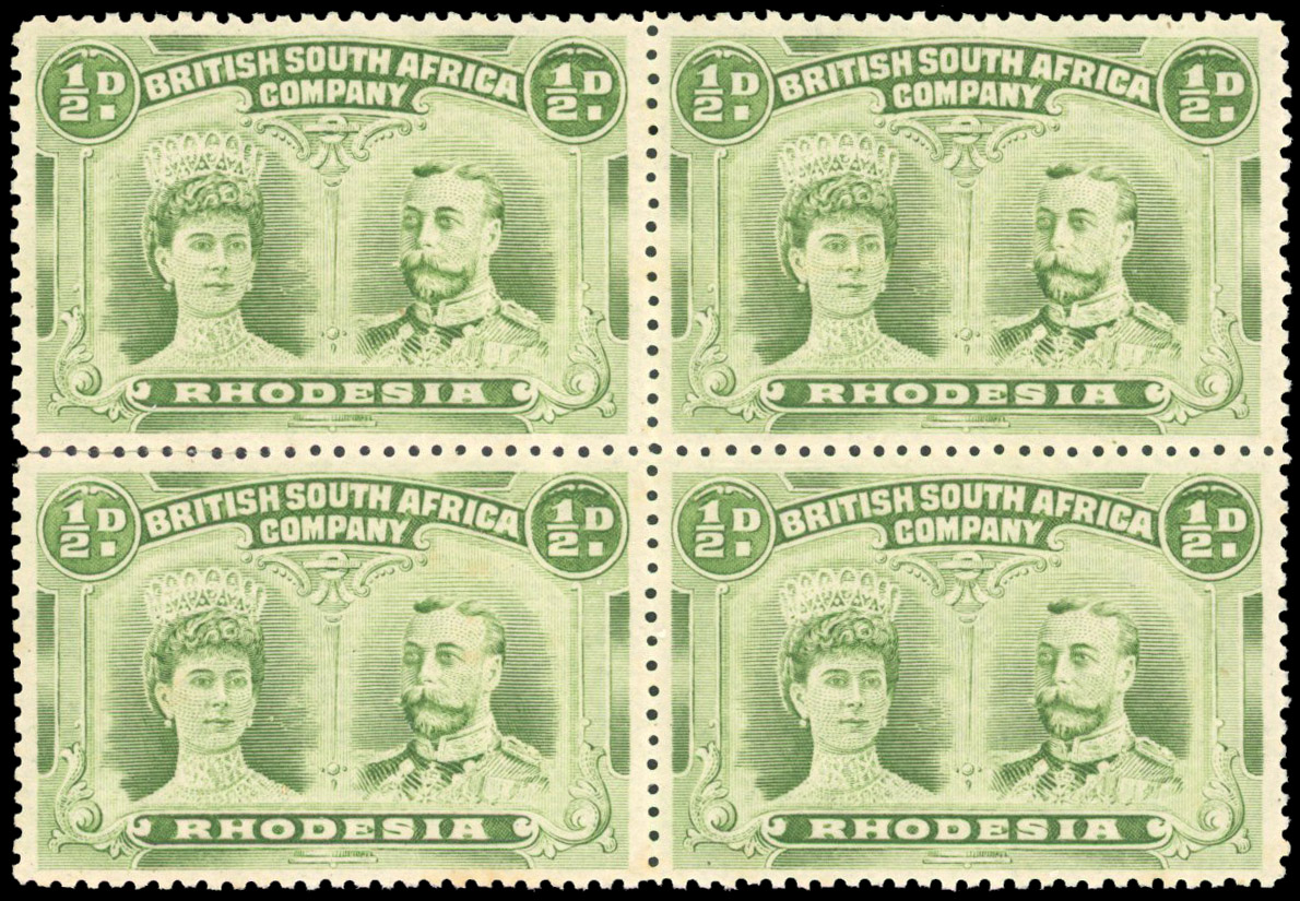 Rhodesia 1910-13 ½d apple green perf 14 block of 4 unmounted
