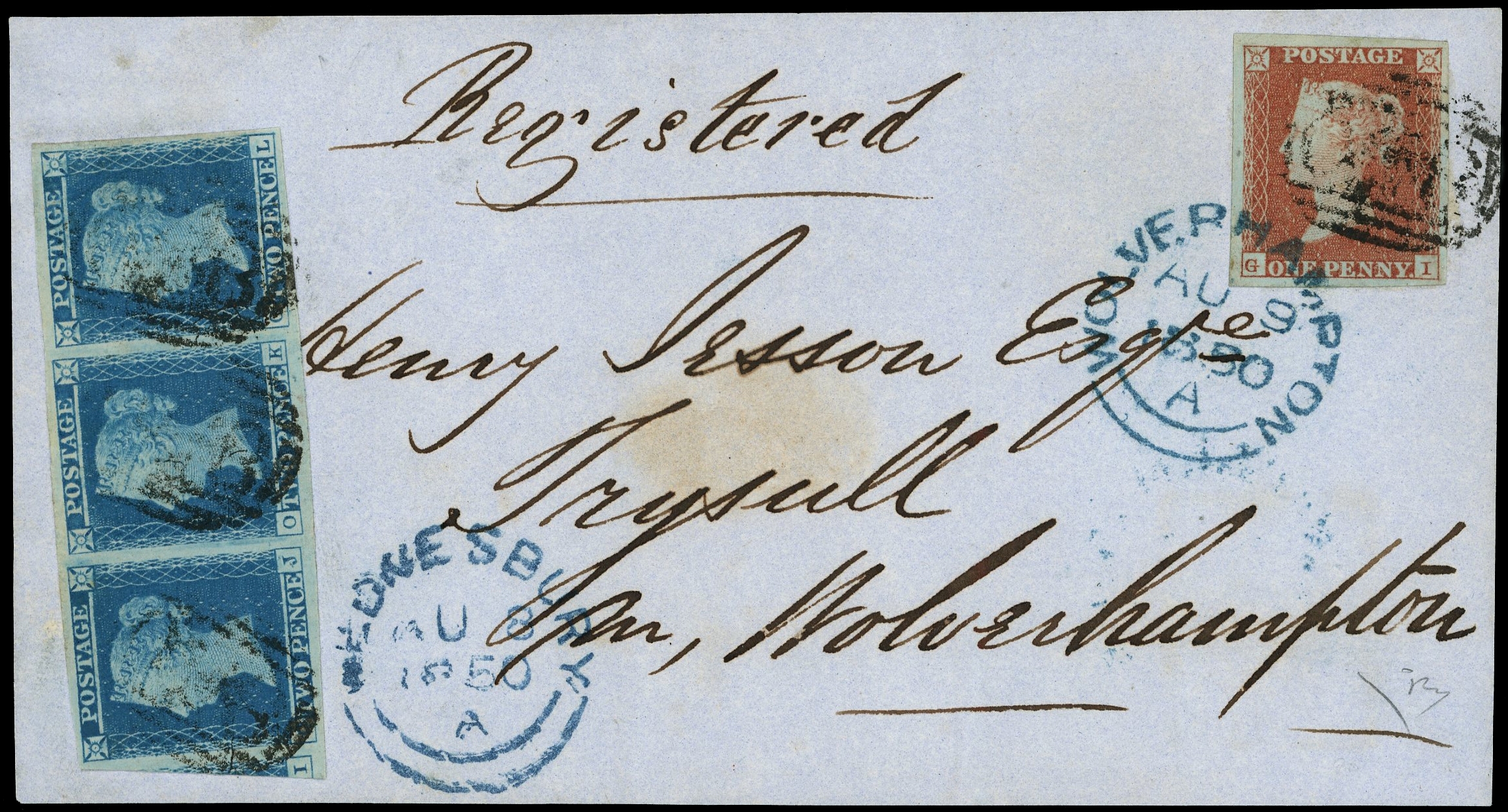 1841 1d Red-brown & 2d Blue Registered front