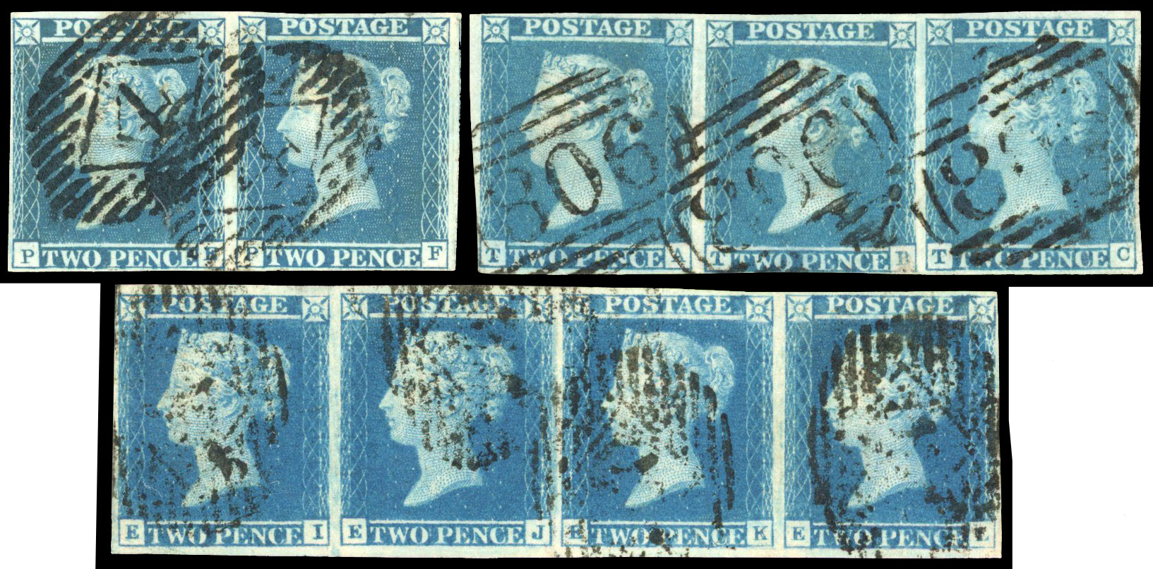 GB 1841 2d blue Plate 3 selection with close to large margins