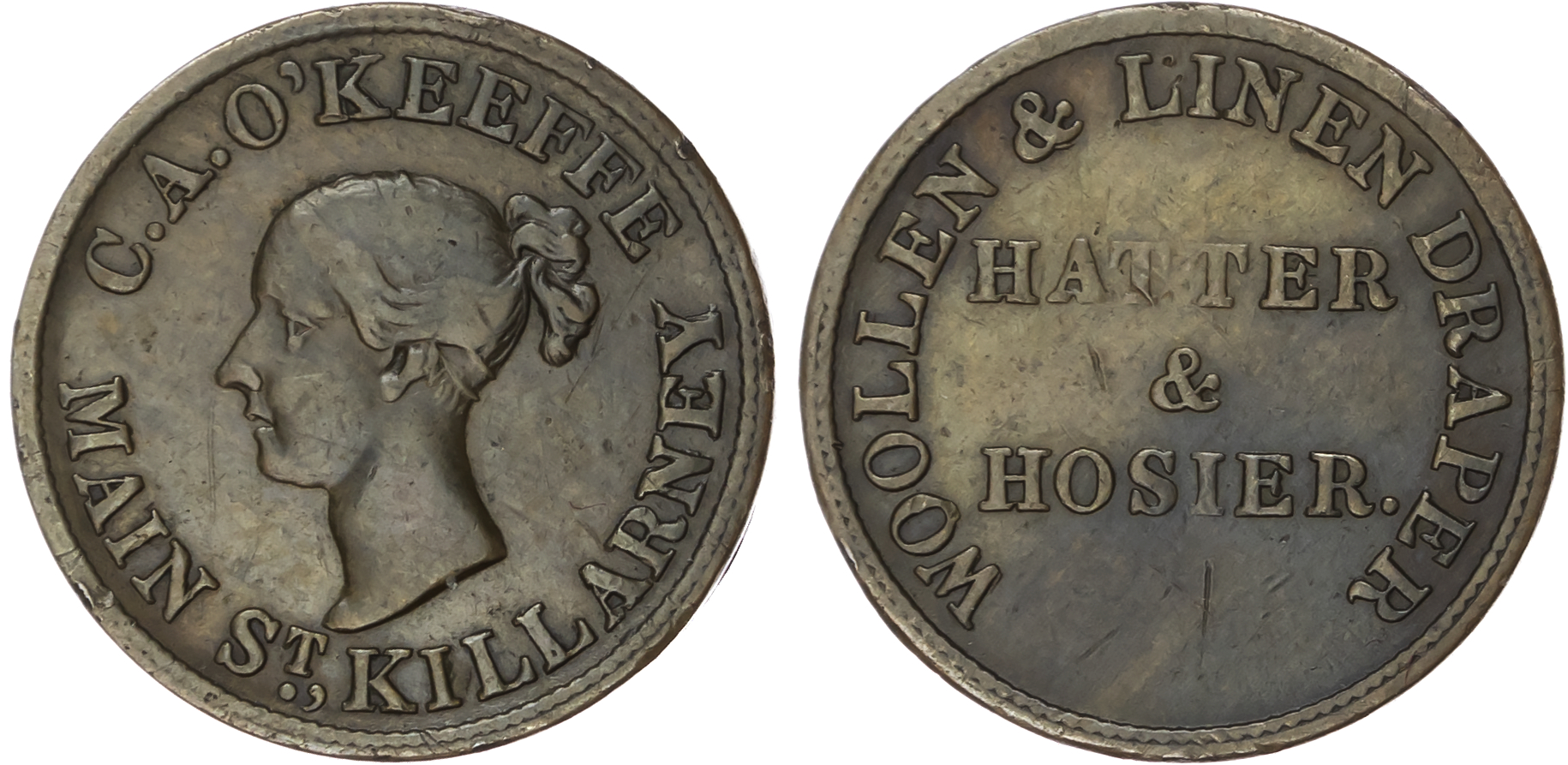 Killarney, C A O’Keefe (draper, hatter & hosier) farthing (pre-1846), head of Victoria l./two-line legend, (W …