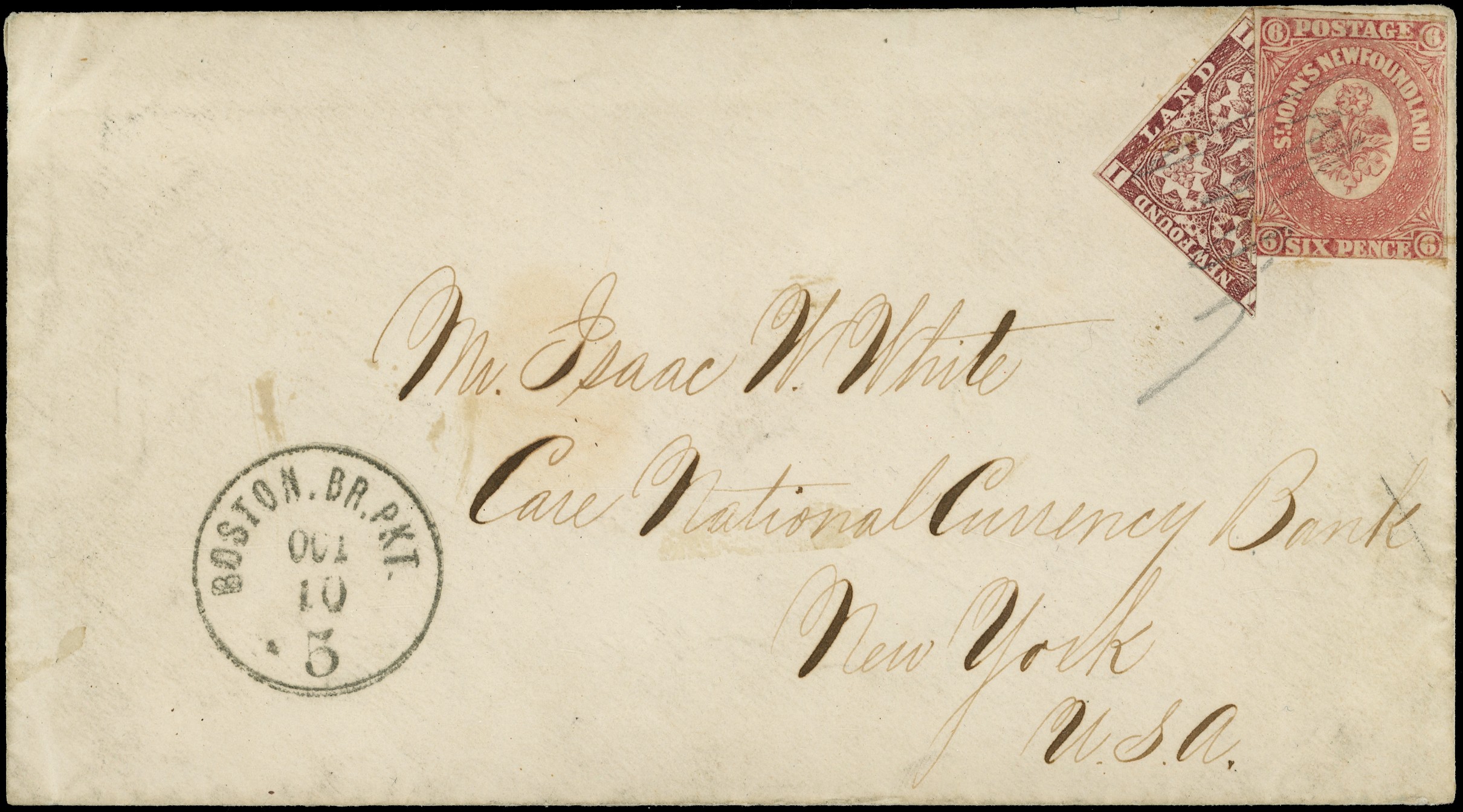 Newfoundland 1865 biscet of 1d brown-purple on cover to USA SG 1a,...