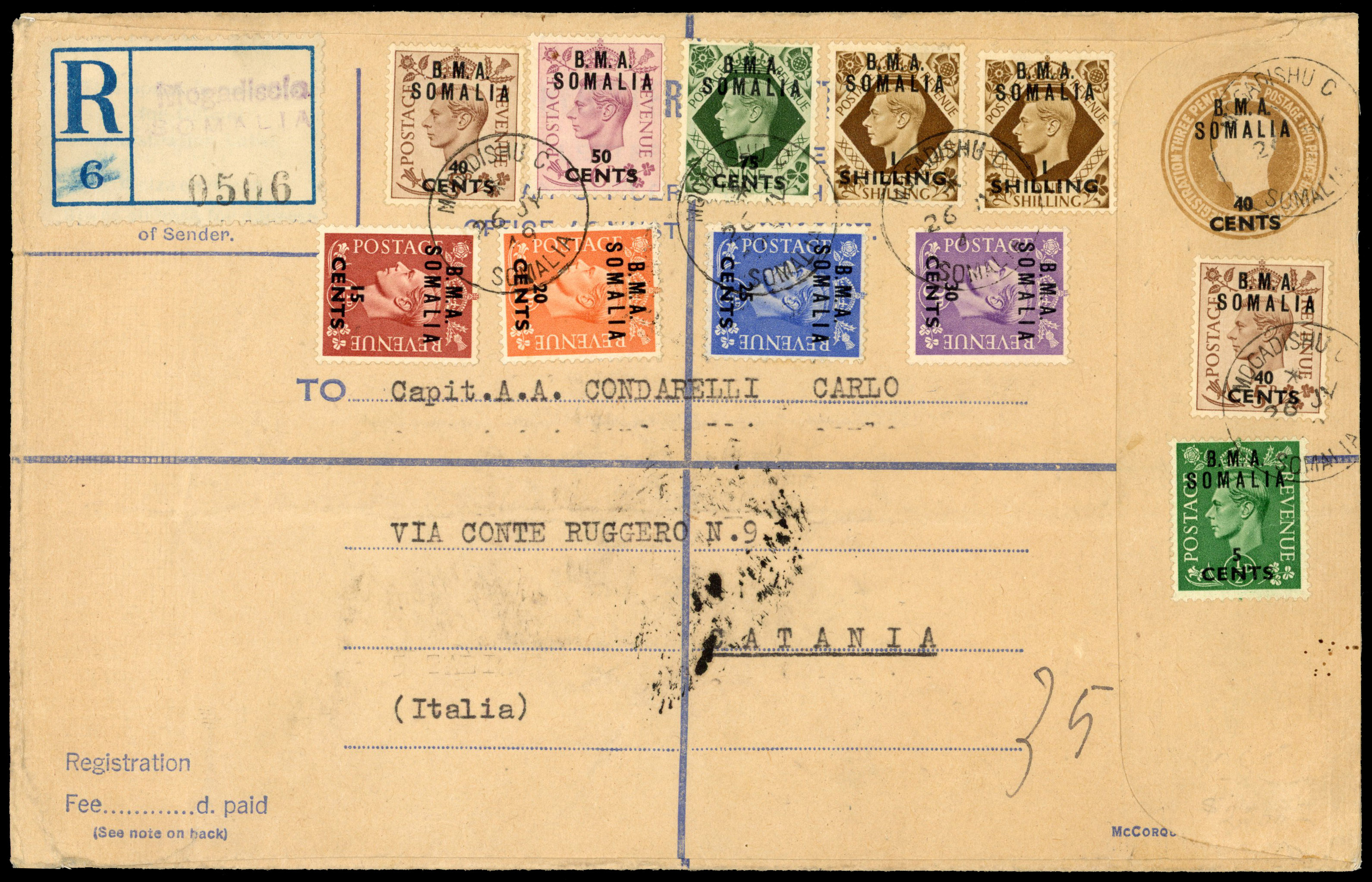 BOIC Somalia BMA size H registered envelope used