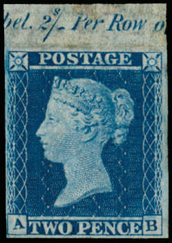 1855 2d Blue Pl.5. Imperforate Imprimatur (AB). SG23a var