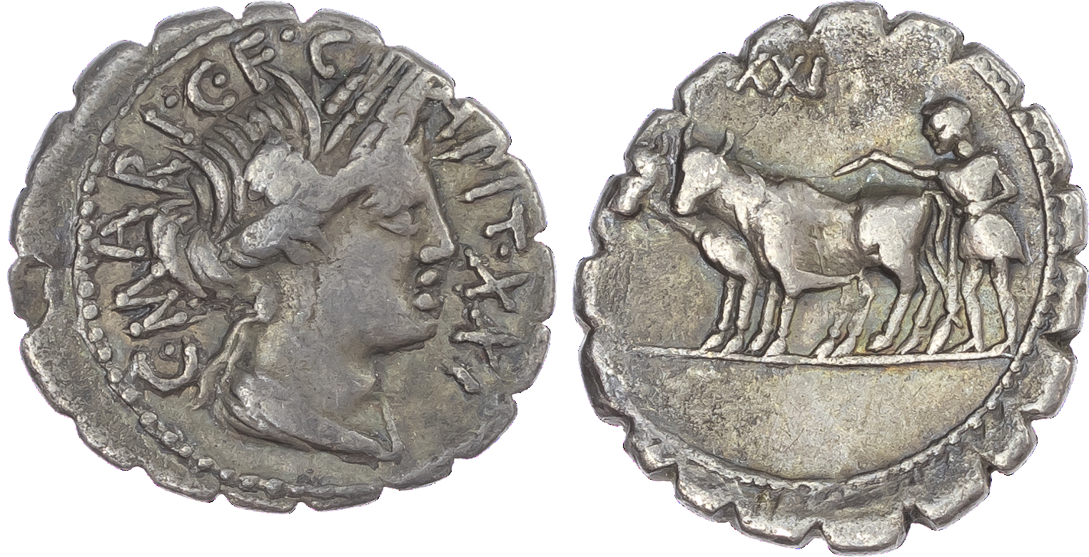 C. Marius C. f. Capito (81 BC) AR Denarii Serrate (2), Rome, 3.75g and 3.74g. C•MARI•C•F •CAPIT•XXI (and XXVIIII), draped