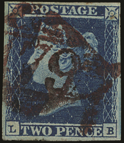 SG14 1841 2d Blue Pl.4. Reddish purple Drogheda numeral