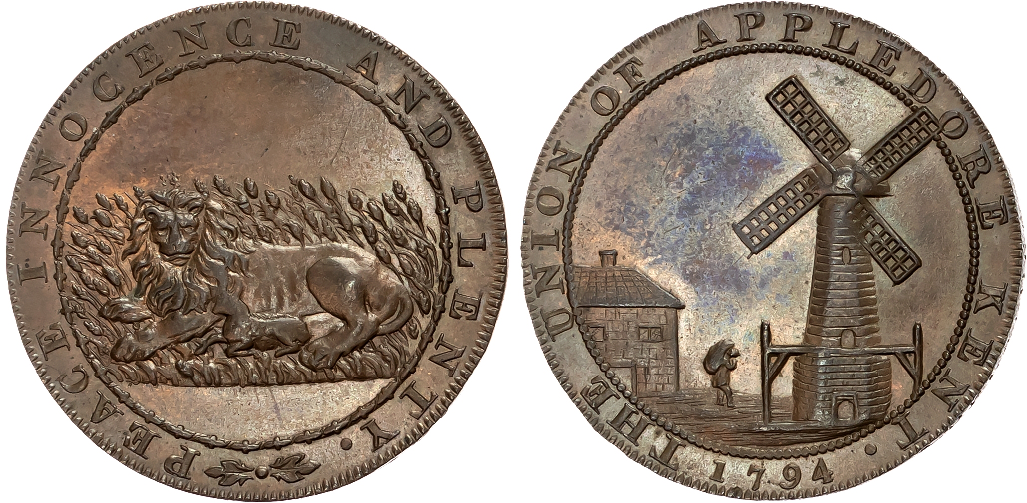 Kent, Appledore , W Peckham (general shopkeeper) Halfpenny 1794, Lion and lamb lying together, rev. Windmill, edge PAYAB …