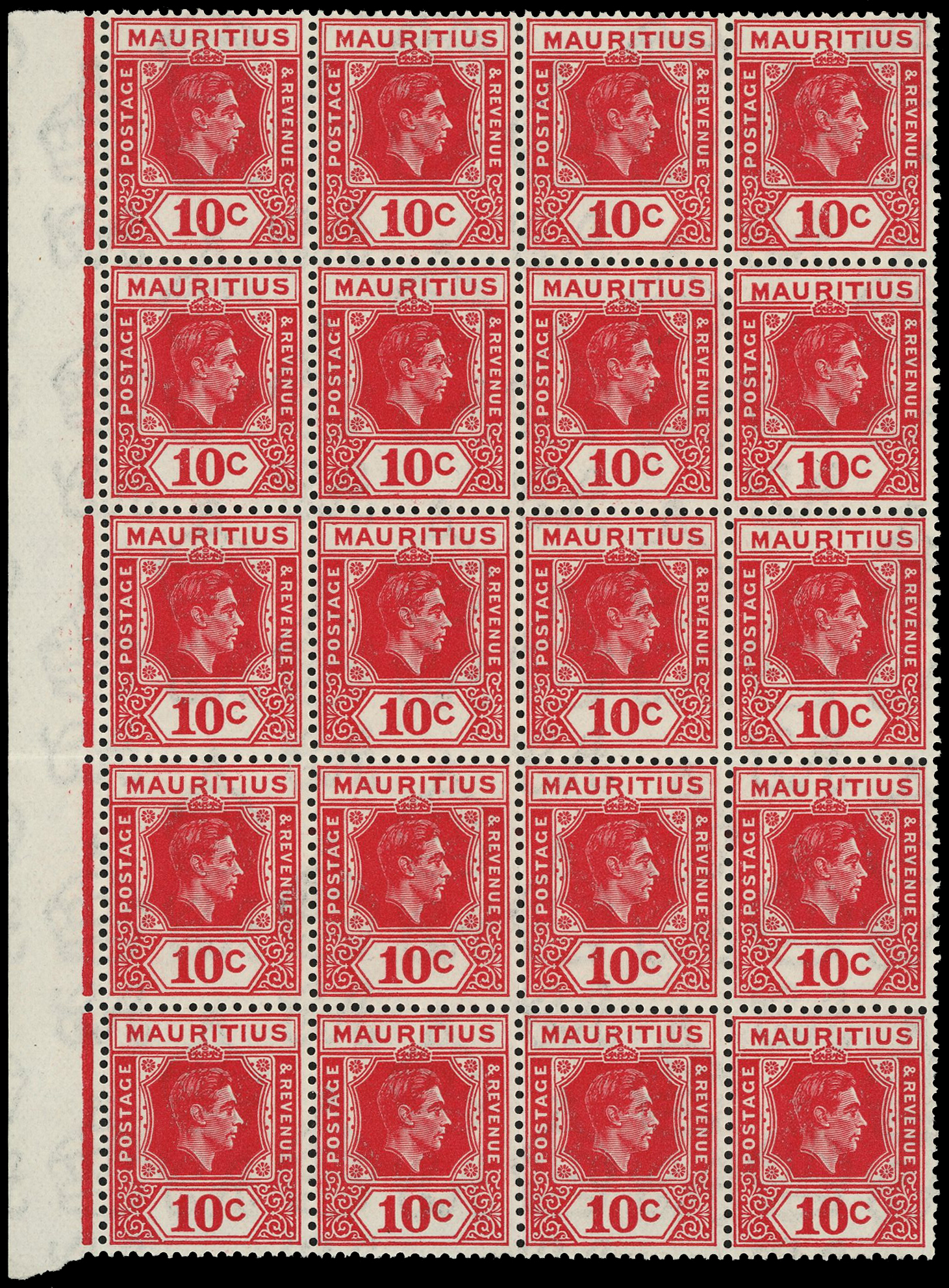 1942 10c deep reddish rose marginal block of twenty, R4/1 LP 'S' sliced at top, unmounted o.g. SG 256ca,...