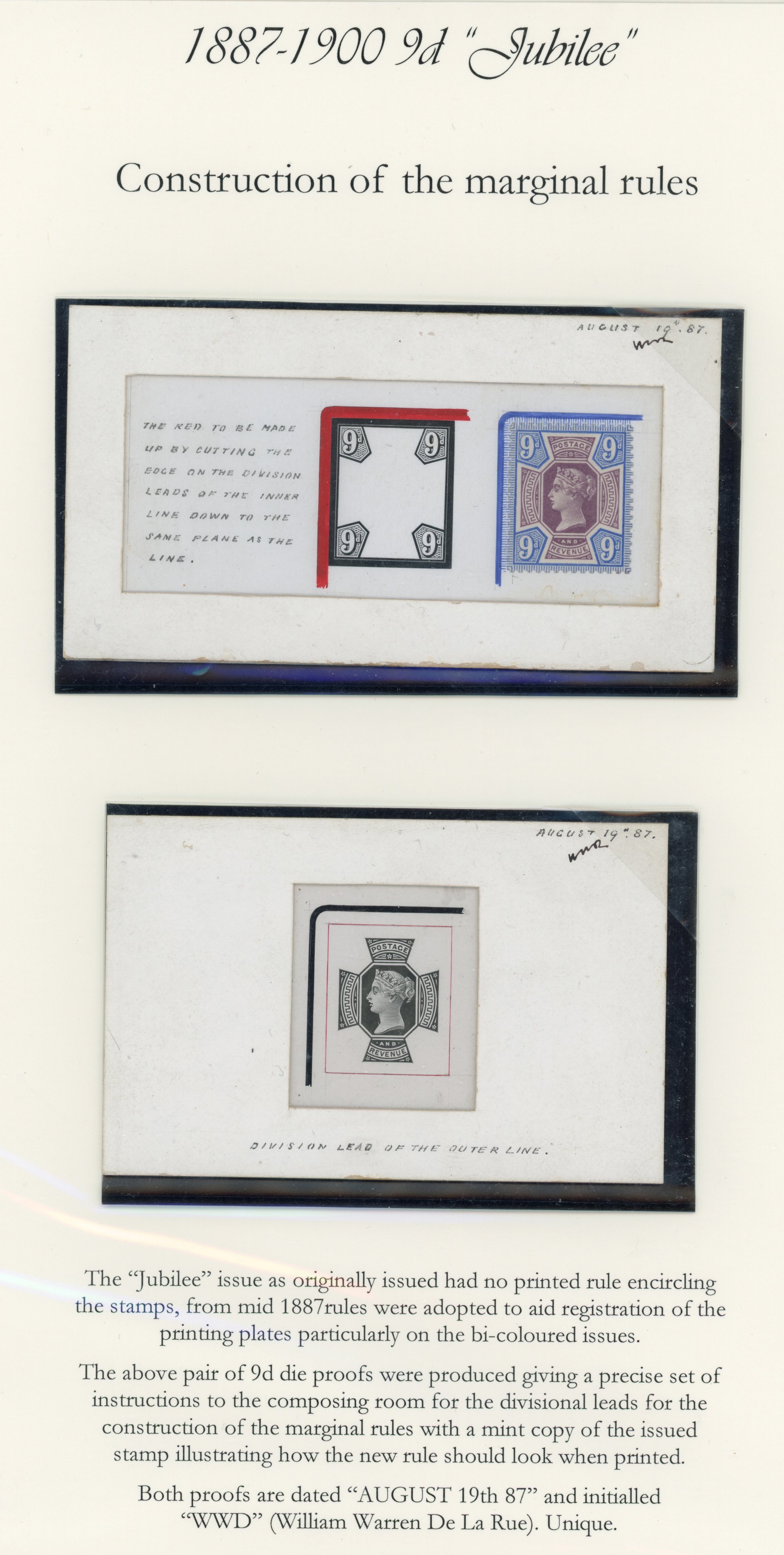 GB 1887-92 “Jubilee” 9d marginal setting set of two sunken die proofs. Unique. For SG 209