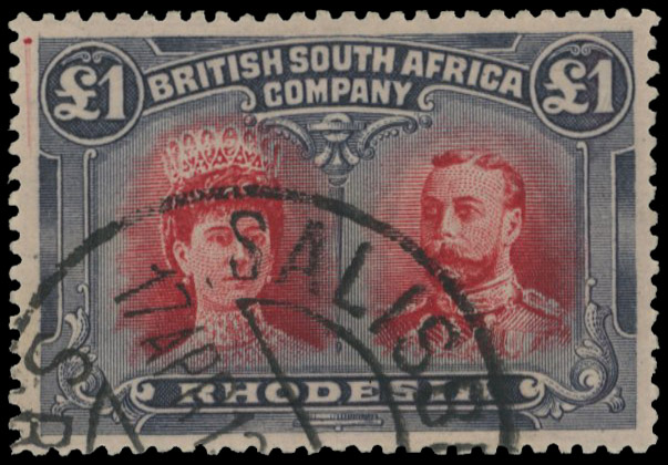 £1 carmine-red and blackish indigo SG 166 variant, position 43 printer's mark CTO