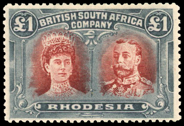 Rhodesia 1910-13 £1 lake-brown and (pale) slate-black perf 14