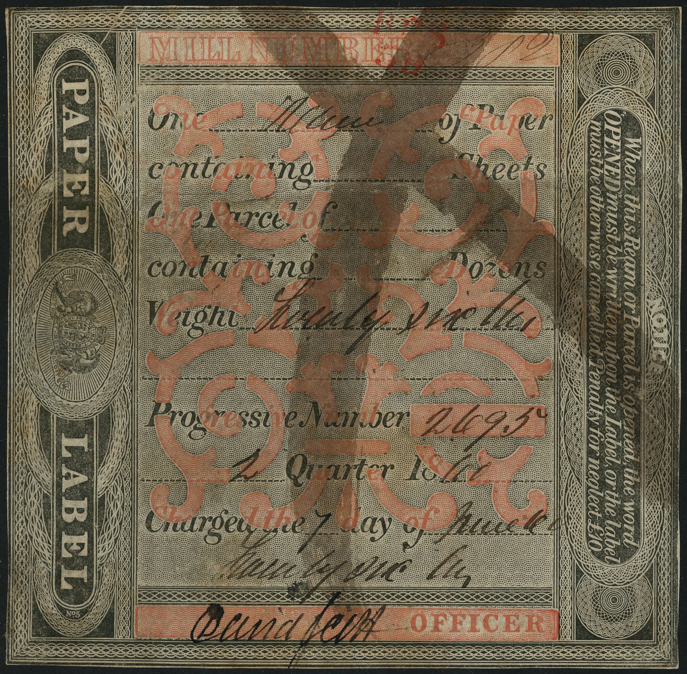 GB Paper Duty 1856 Red & Black label for use in England