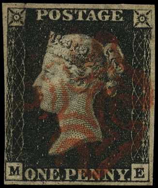 1840 1d black, plate 4 (ME) 4 margins, close...