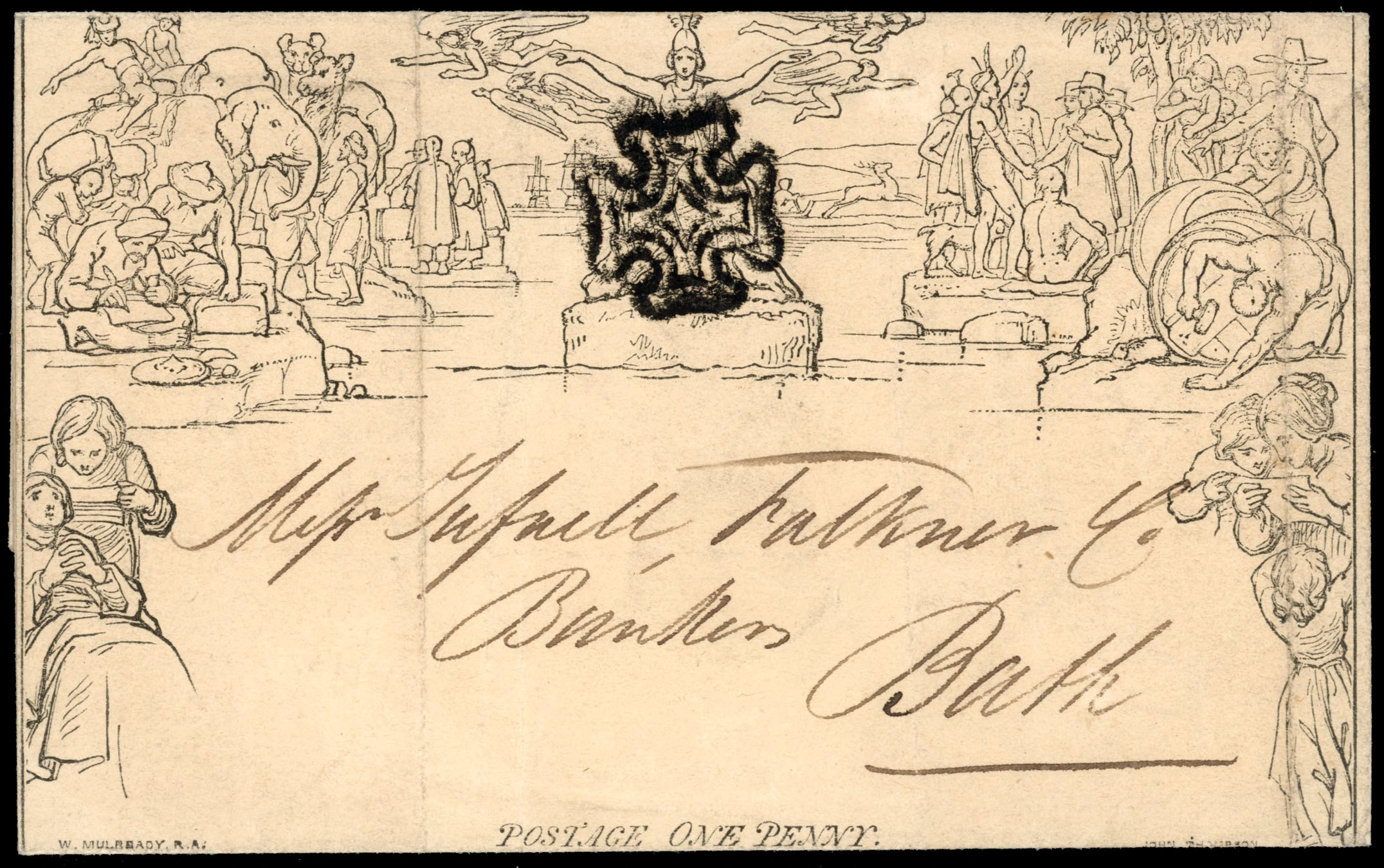 GB 1841 (28 February) 1d Mulready lettersheet Warminster to Bath