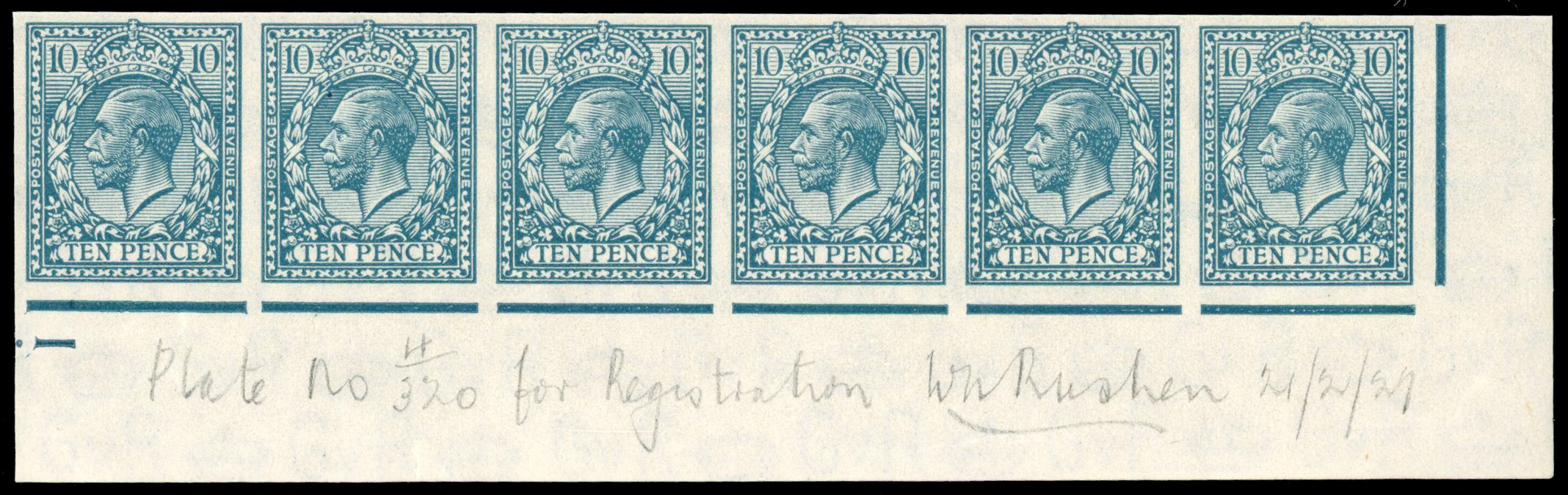 Great Britain 1927 10d Turquoise, Strip of Six, BPMA Imprimatur, SG 428