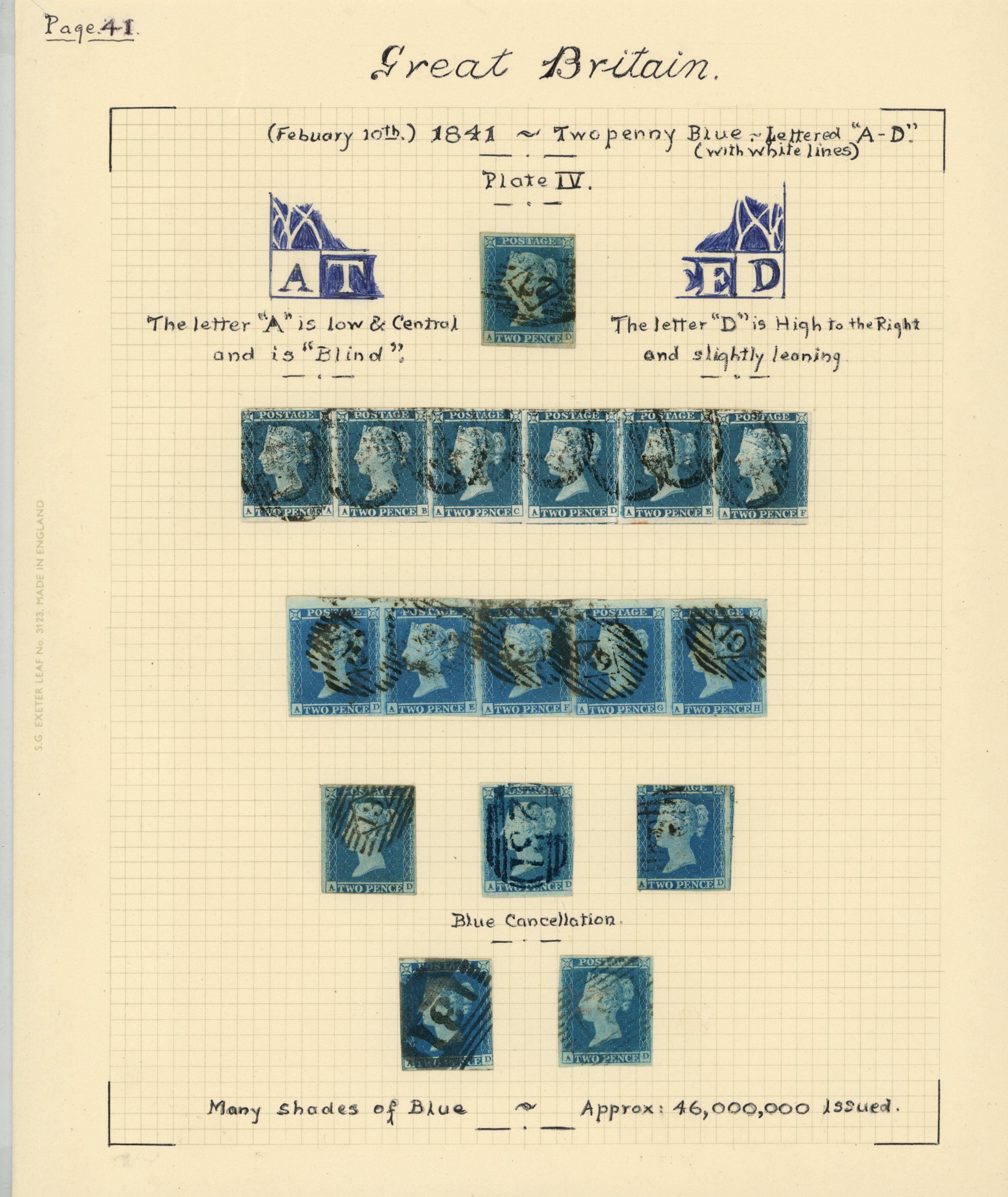 1841 2d blue, Plate 4, selection lettered...