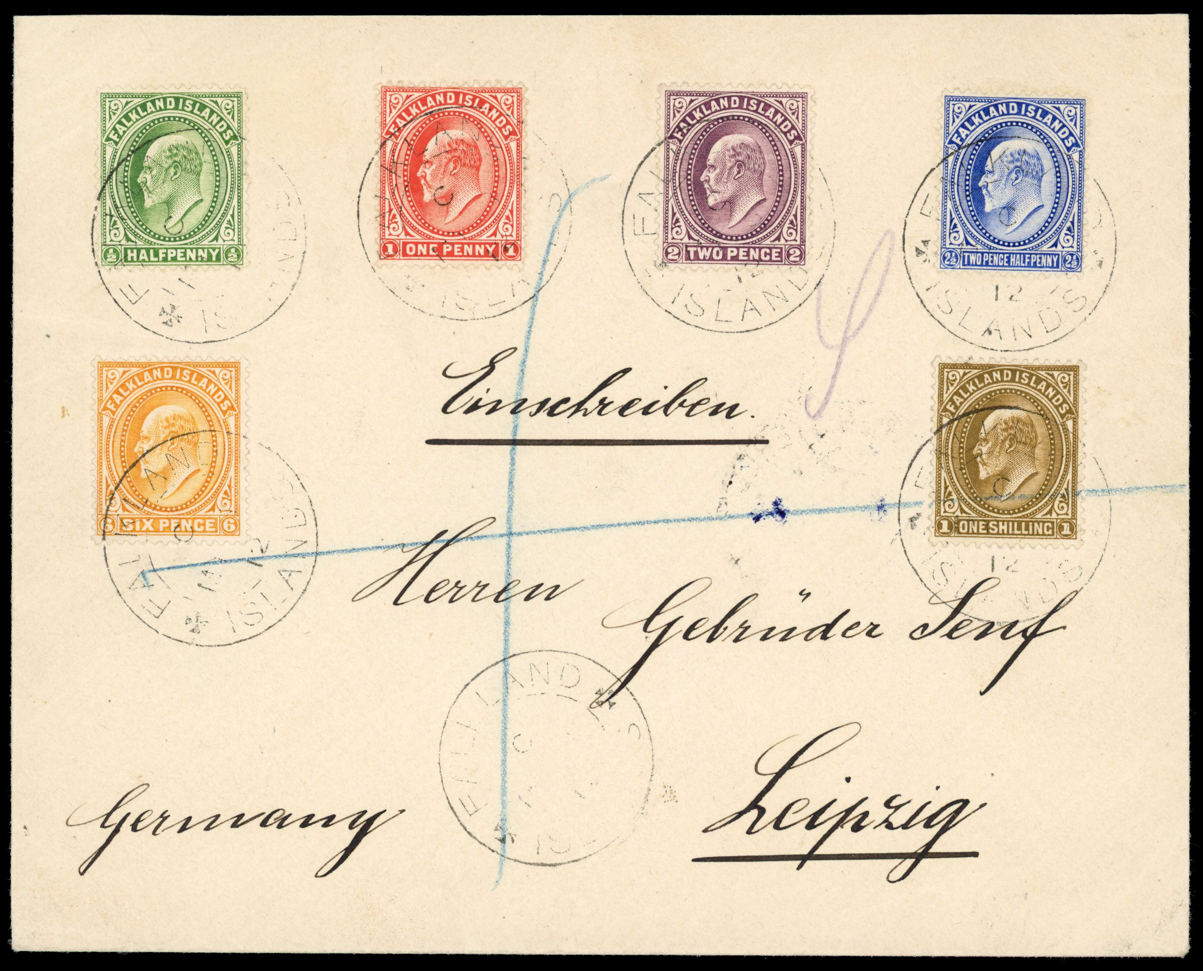 Falkland Islands SG 43-8 cover to Leipzig