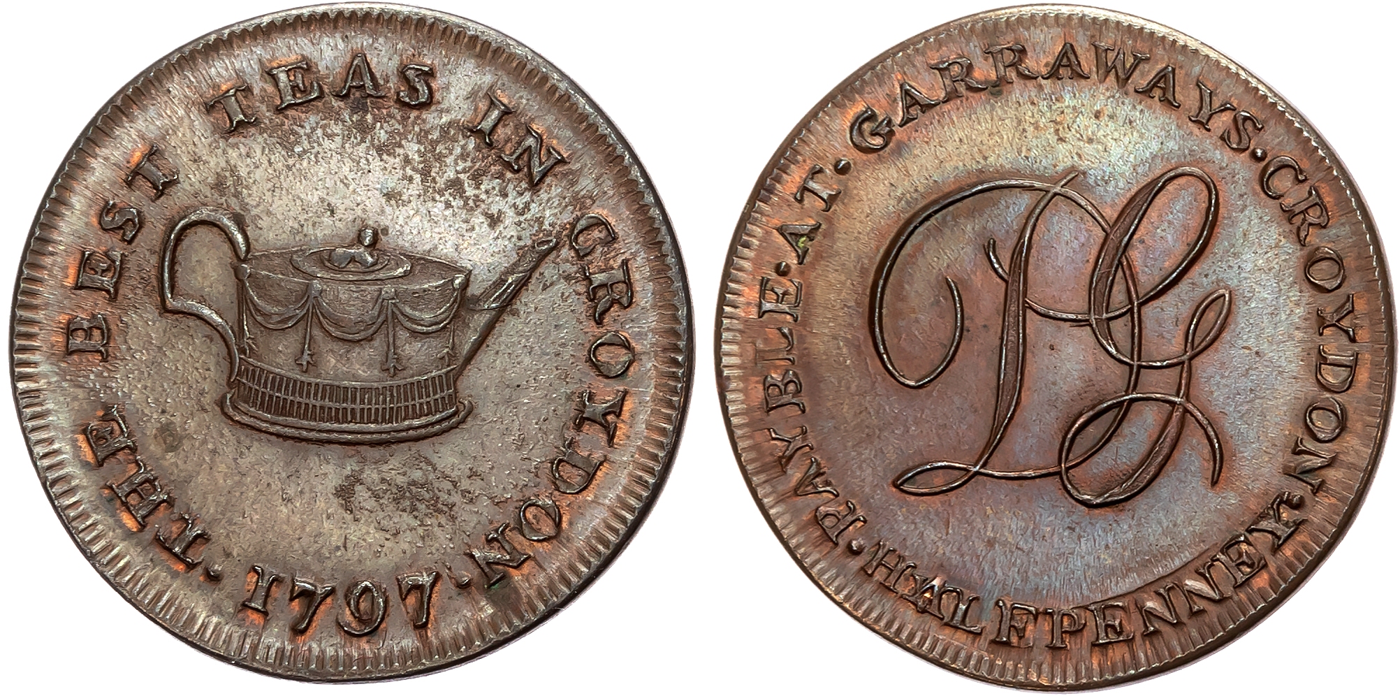 Surr . Croydon , Daniel Garraway (tea-dealer and grocer) Halfpenny 1797, Teapot, rev. DG cypher, edge plain and rounded, …