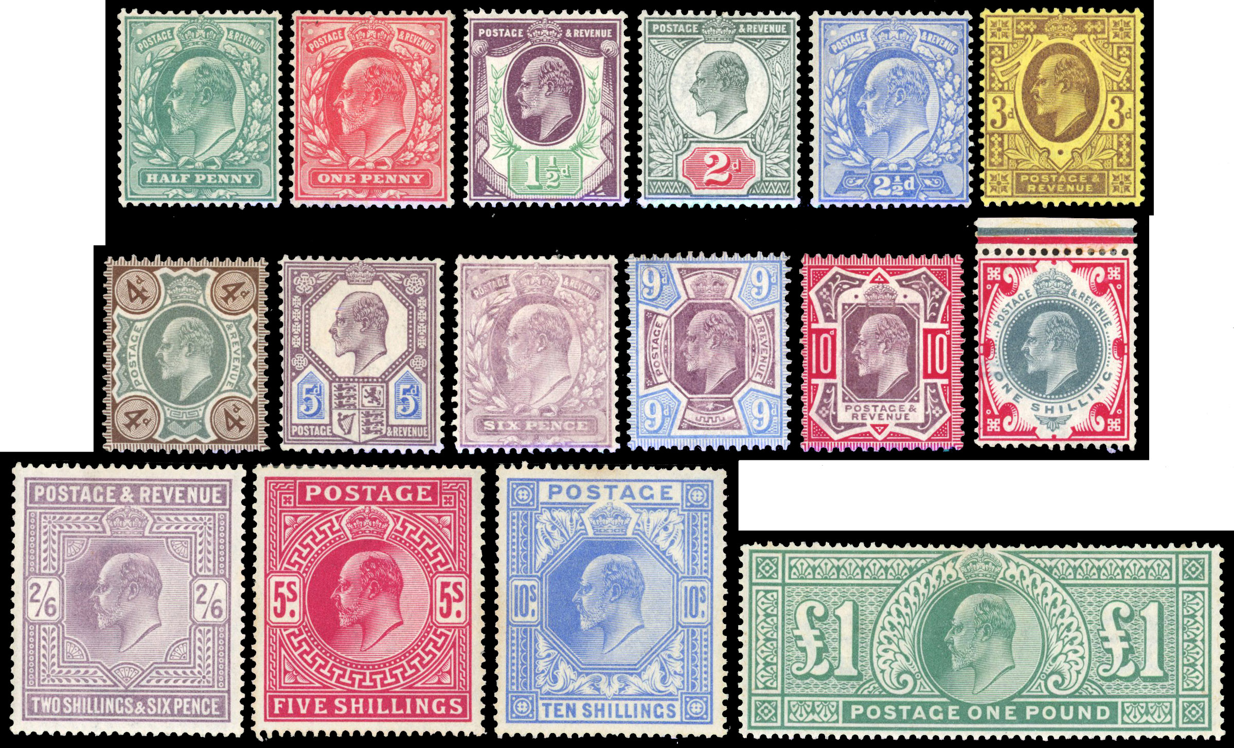 1902-13 KEVII mint selection arranged on a stockcard with values to £1