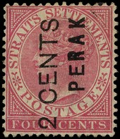 1883 2c on 4c rose overprinted PERAK Type 11 and surcharged 2 CENTS Type 13, fine o.g.  SG 15,...