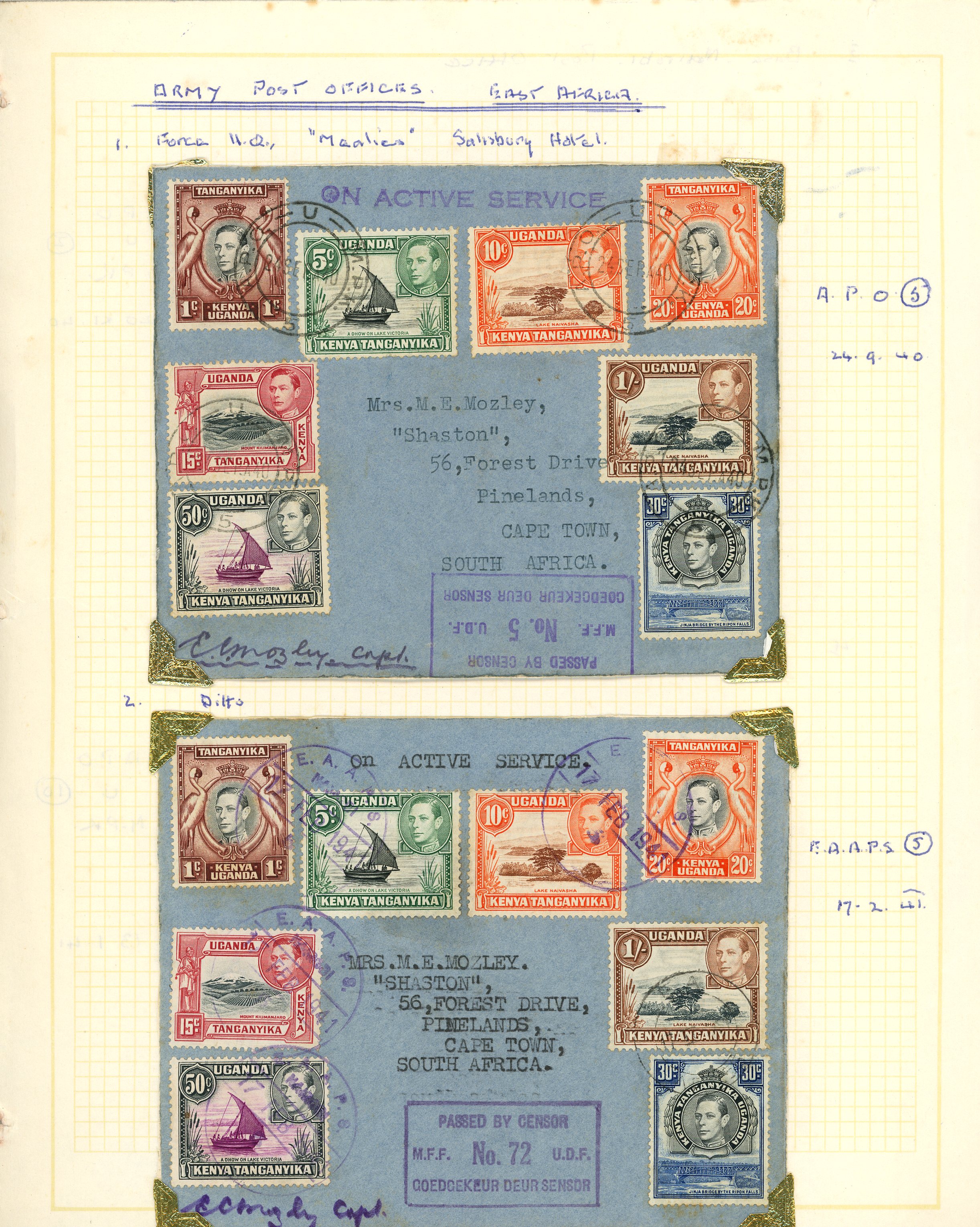KUT: WW2 selection of eight Army PO correspondence covers to Cape Town