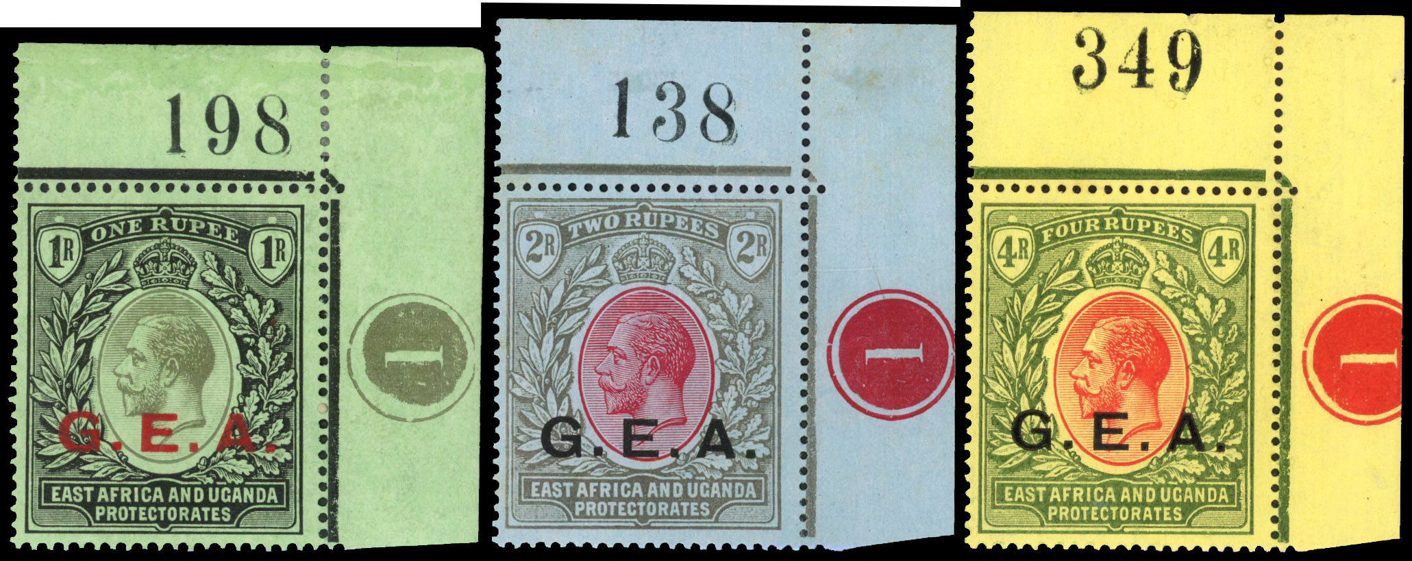 Tanganyika SG 55a/60 1917-21 GEA 1r to 10r plate number singles