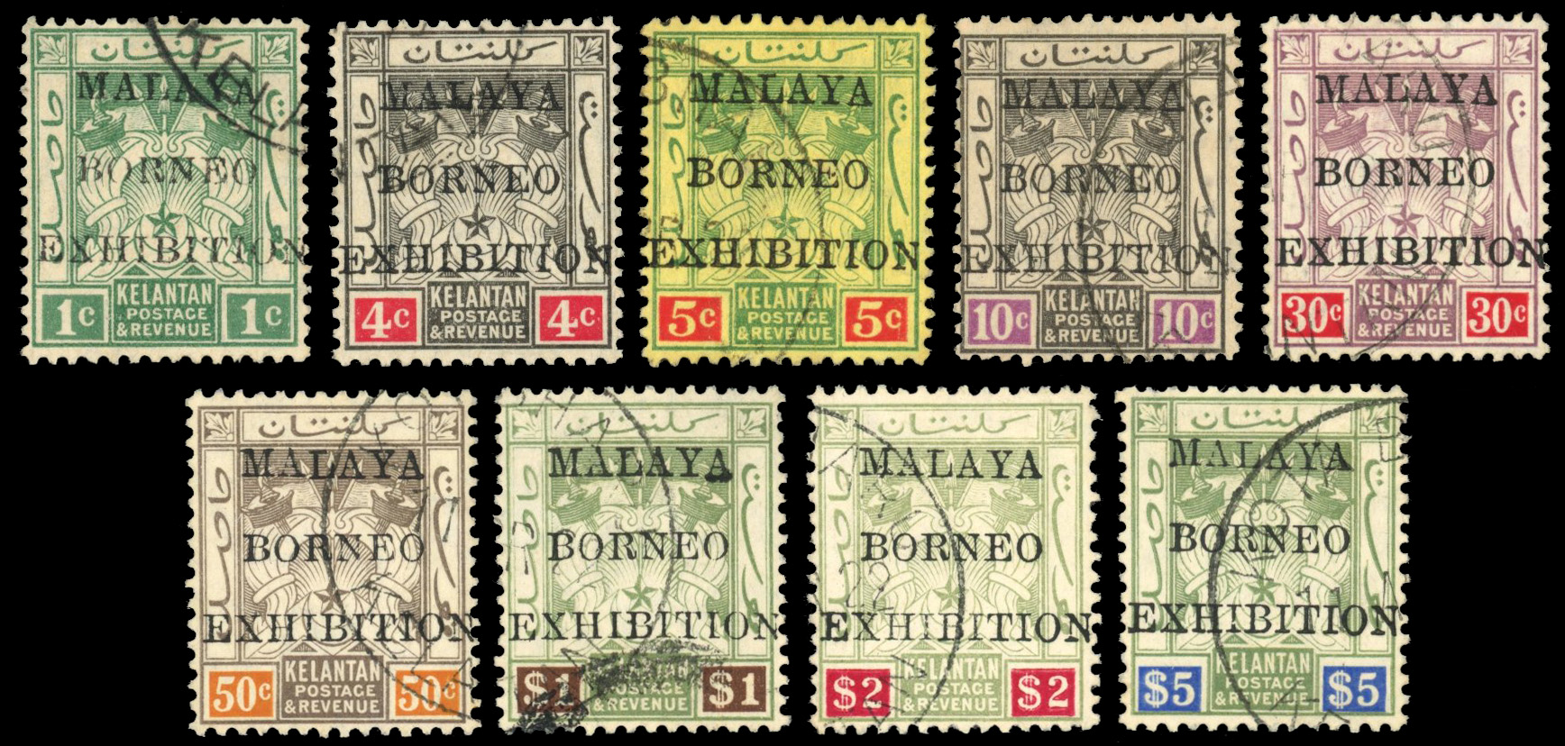 Malaya Kelantan 1922 SG 30-38 1922 Malaya-Borneo Exhibition set used