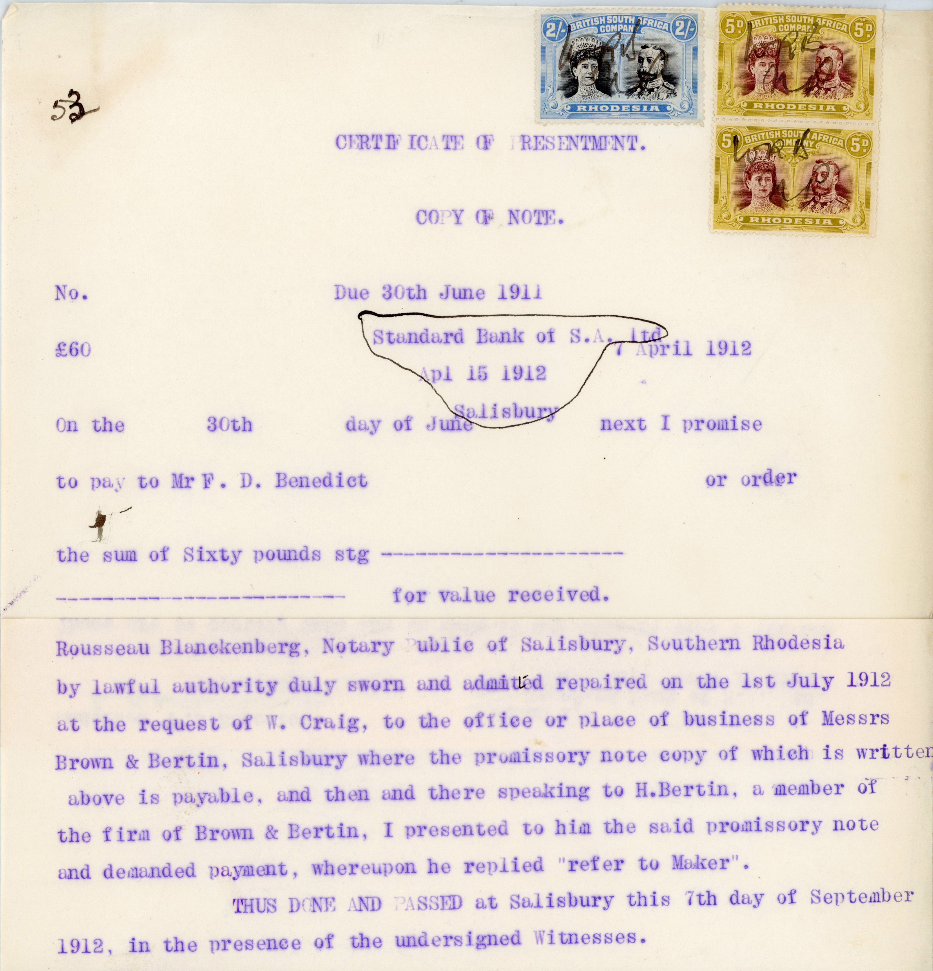 Rhodesia Revenue document with 5d purple-brown and ochre pair + 2/-