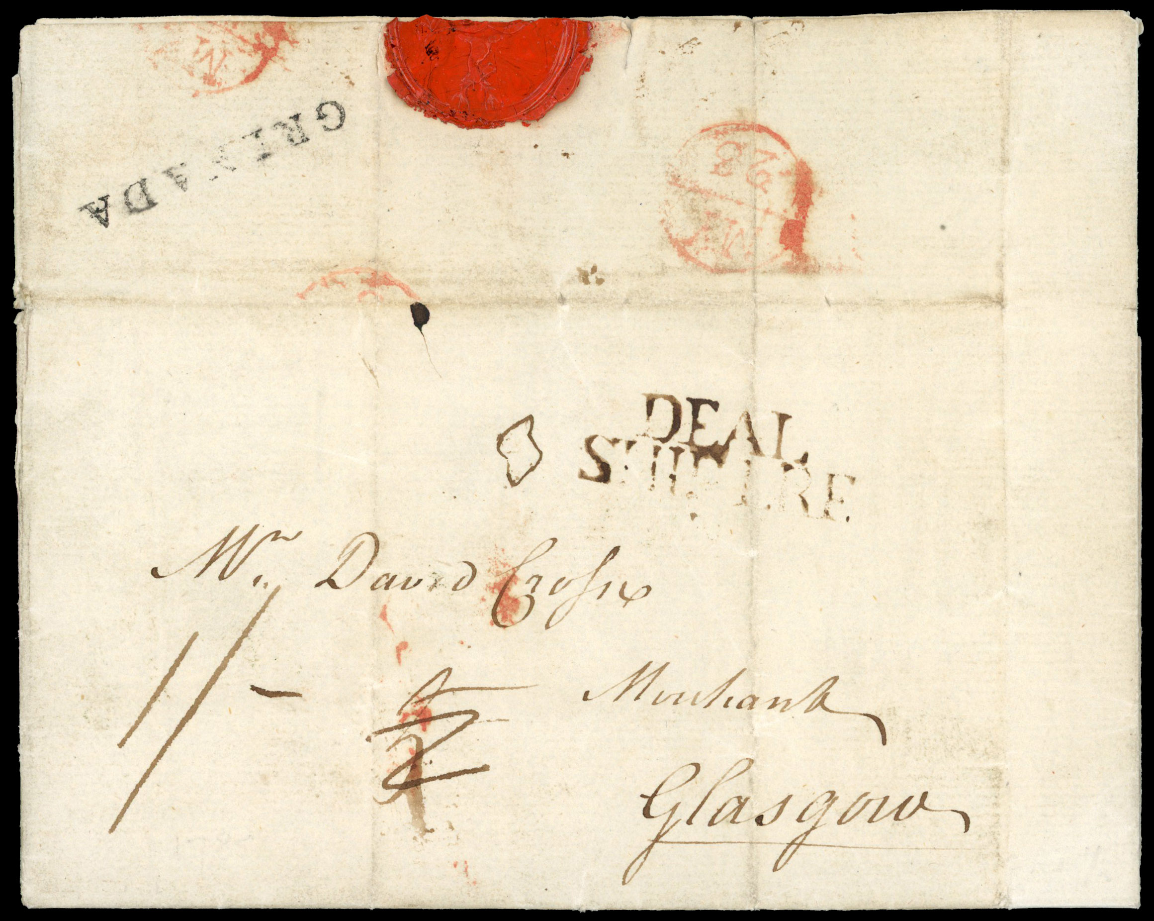 Grenada 1785 pre-stamp entire to Glasgow, with unique GRENADA h/s 