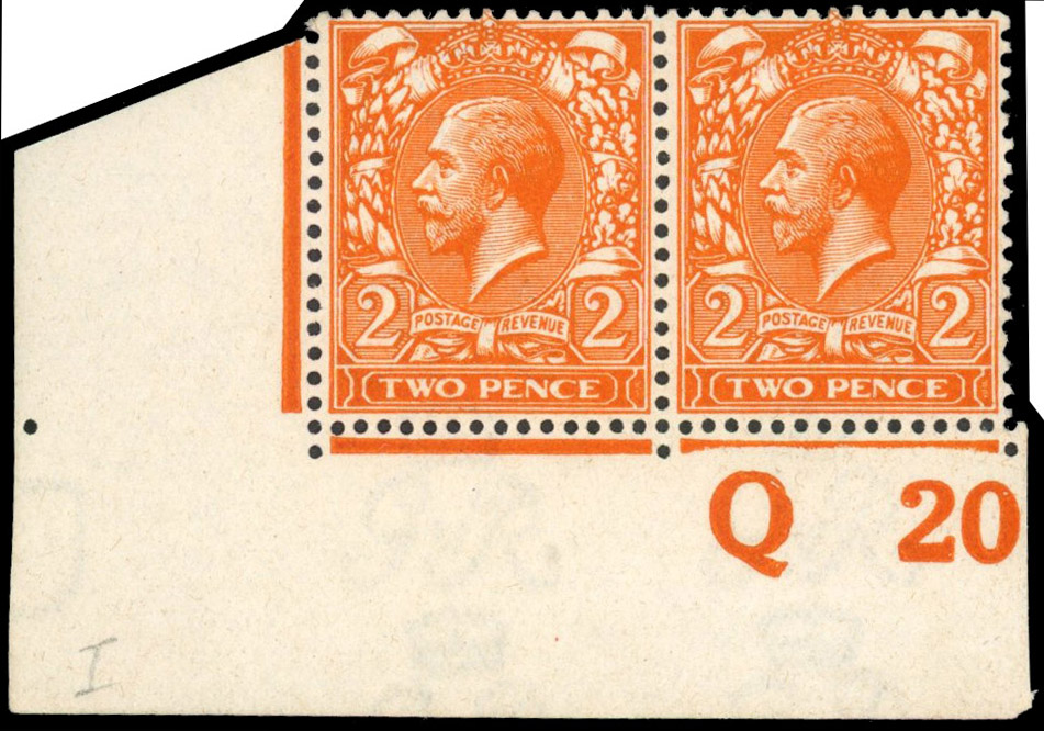 GB 1912-24 Royal Cypher 2d intense bright orange, control Q20 pair, mint unmounted o.g.