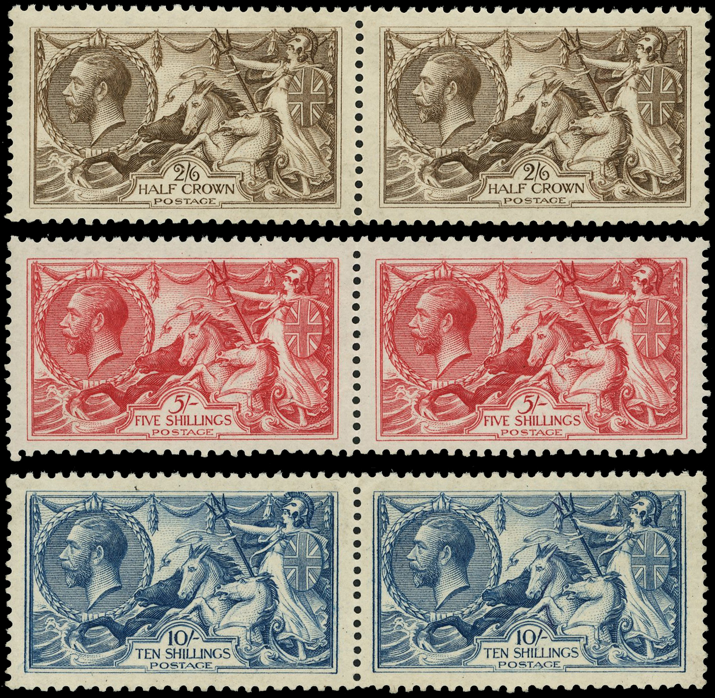 1918-19 Bradbury, Wilkinson ‘Seahorses’, 2s6d, 5s and 10s, horizontal pairs, unmounted og