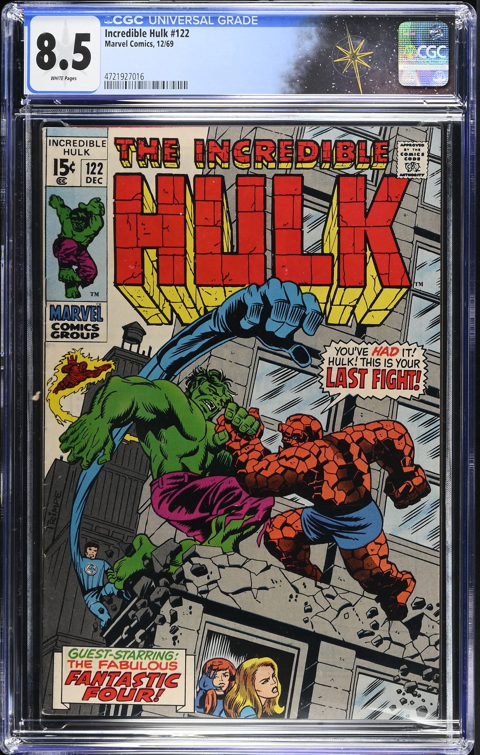 Incredible Hulk #122 CGC 8.5 "The Hulk's Last Fight!" Hulk vs. Thing Herb Trimpe Cover (Marvel Comics, 1969) White Pages