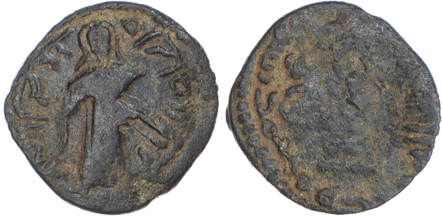 Arab-Byzantine, temp. Abd al‑Malik ibn Marwan (AH 65‑86 / 685‑705 AD), bronze Fals, Standing Caliph type, Qinnasrin