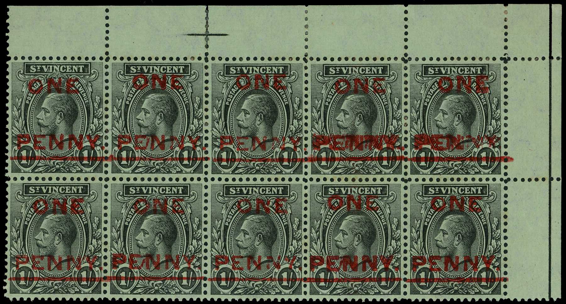 1915 ONE PENNY on 1/- black on green...