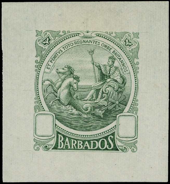 Barbados 1916/19 Master die proof in deep green on thin wove paper (40x44mm) showing guide lines....