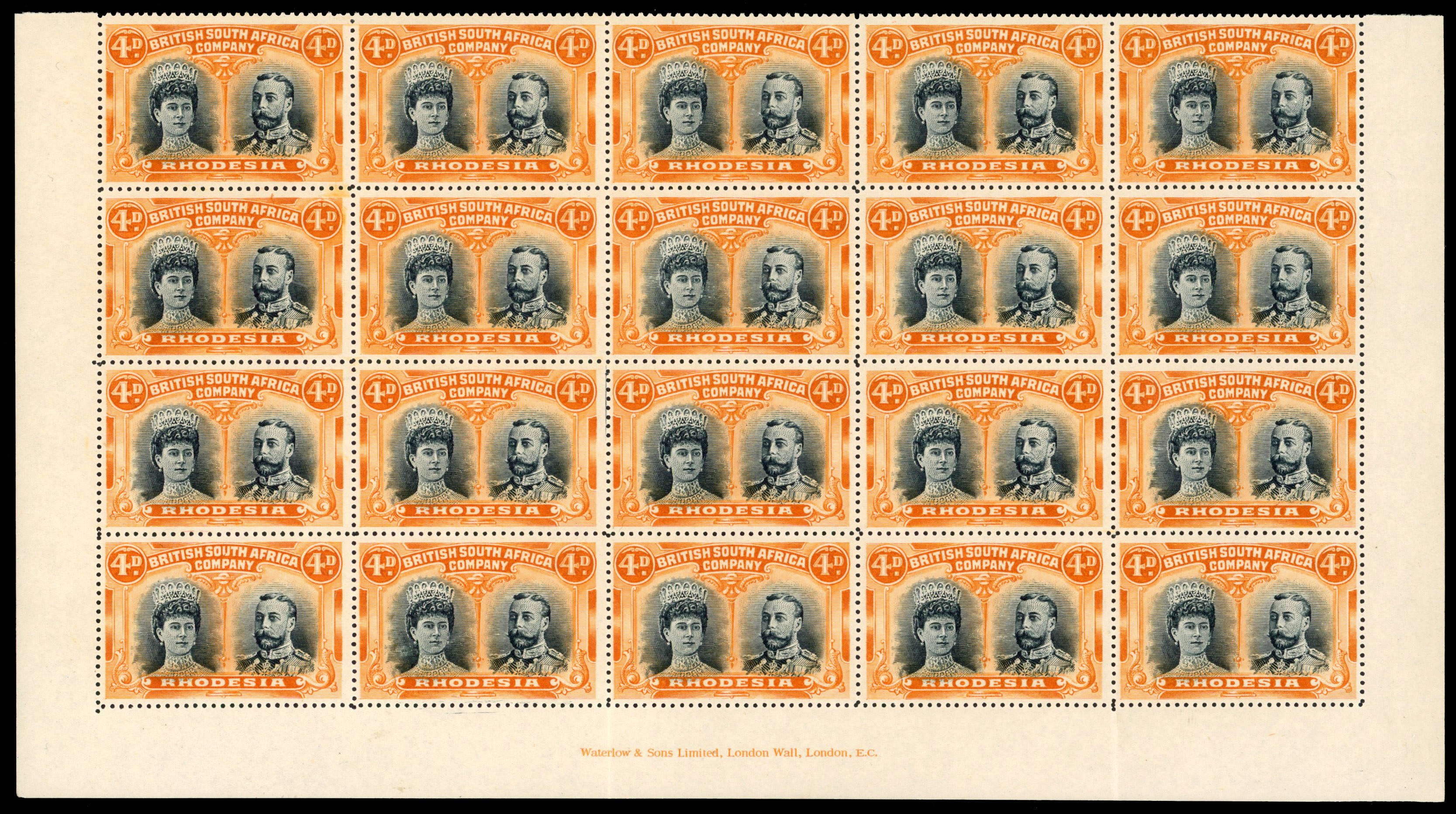Rhodesia 1910-13 4d blue-black and dull orange perf 15 block of 20