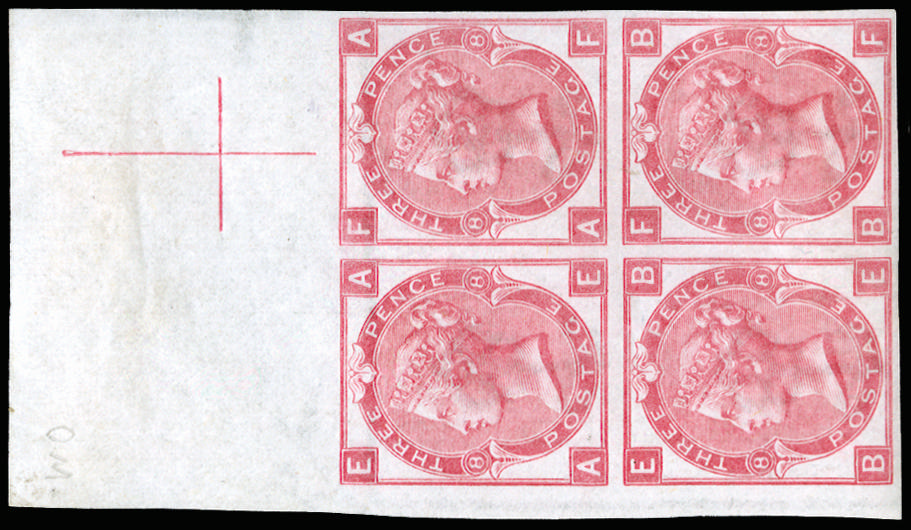 GB SG 103 1872 3d rose imperforate colour trial block