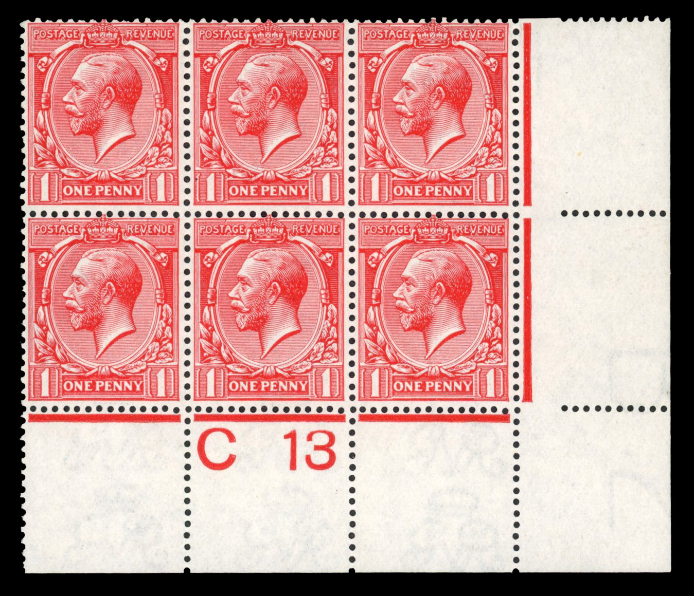 GB: 1912-24 1d rose carmine, mint unmounted o.g. control C13 block of six