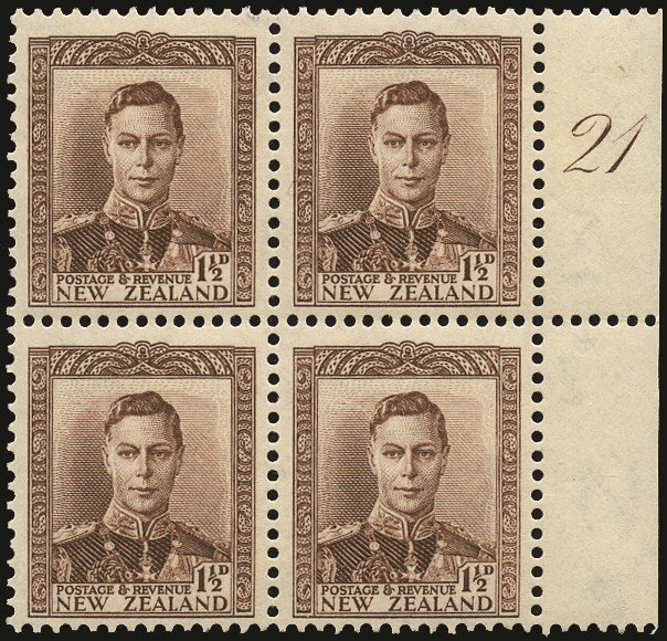 1938-44 1½d purple-brown, right marginal block of 4...