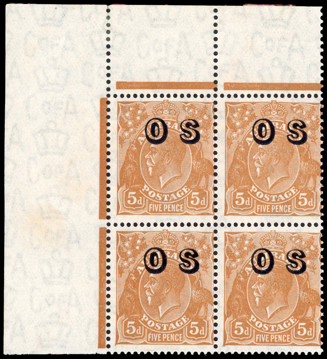 Australia SG O128/32 1932-33 ½d, 1d, 2d, 3d, 5d blocks of 4 unmounted mint