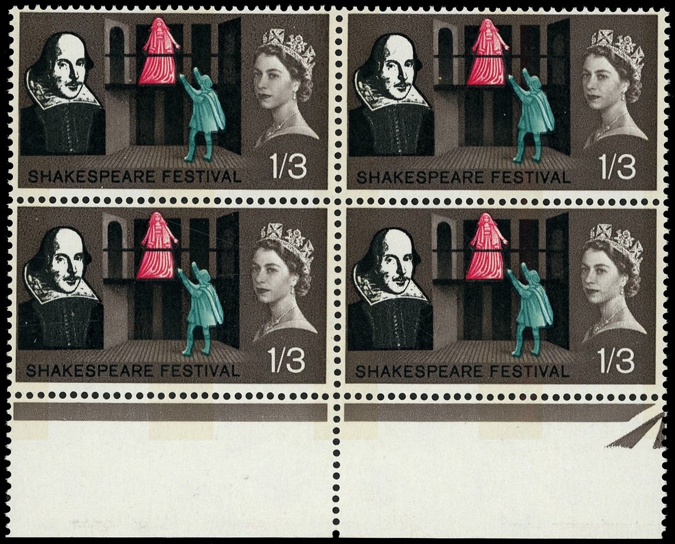 1964 Shakespeare Festival 1/3d (phosphor) lower marginal block of four variety WATERMARK INVERTED