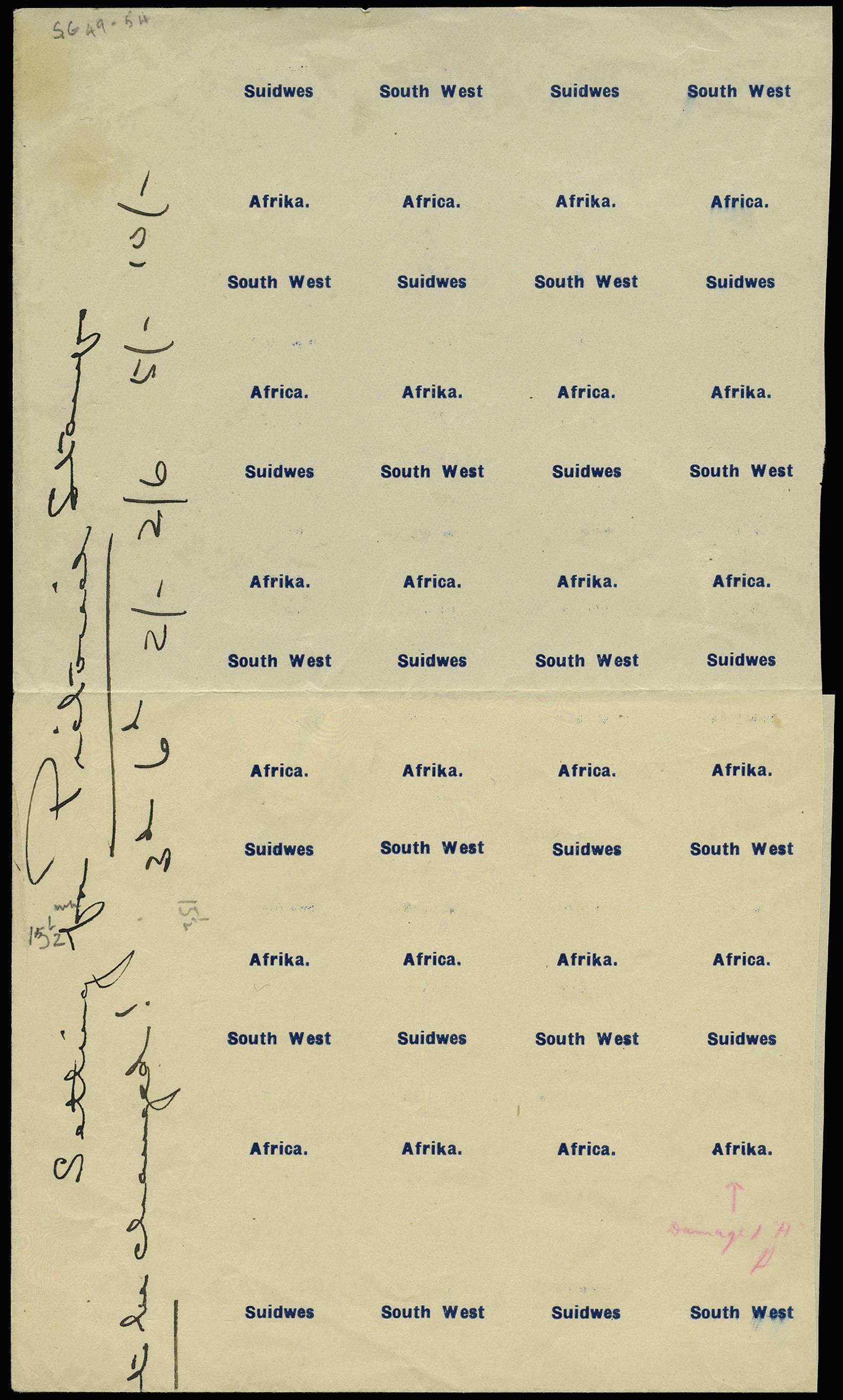 SOUTH WEST AFRICA SG 49/54 1927 PROOF OF TYPES 5&6 OPT