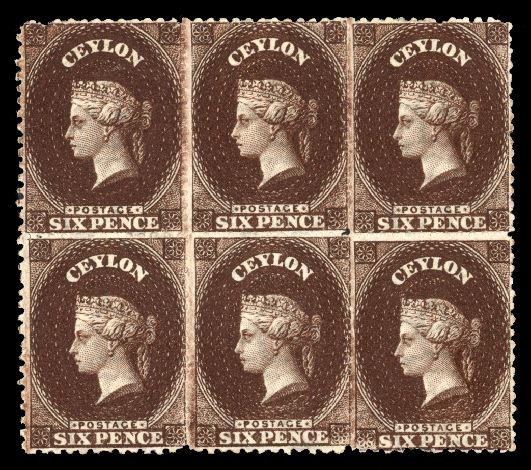 Ceylon 1867-70 6d deep brown block of six, mint, SG 67