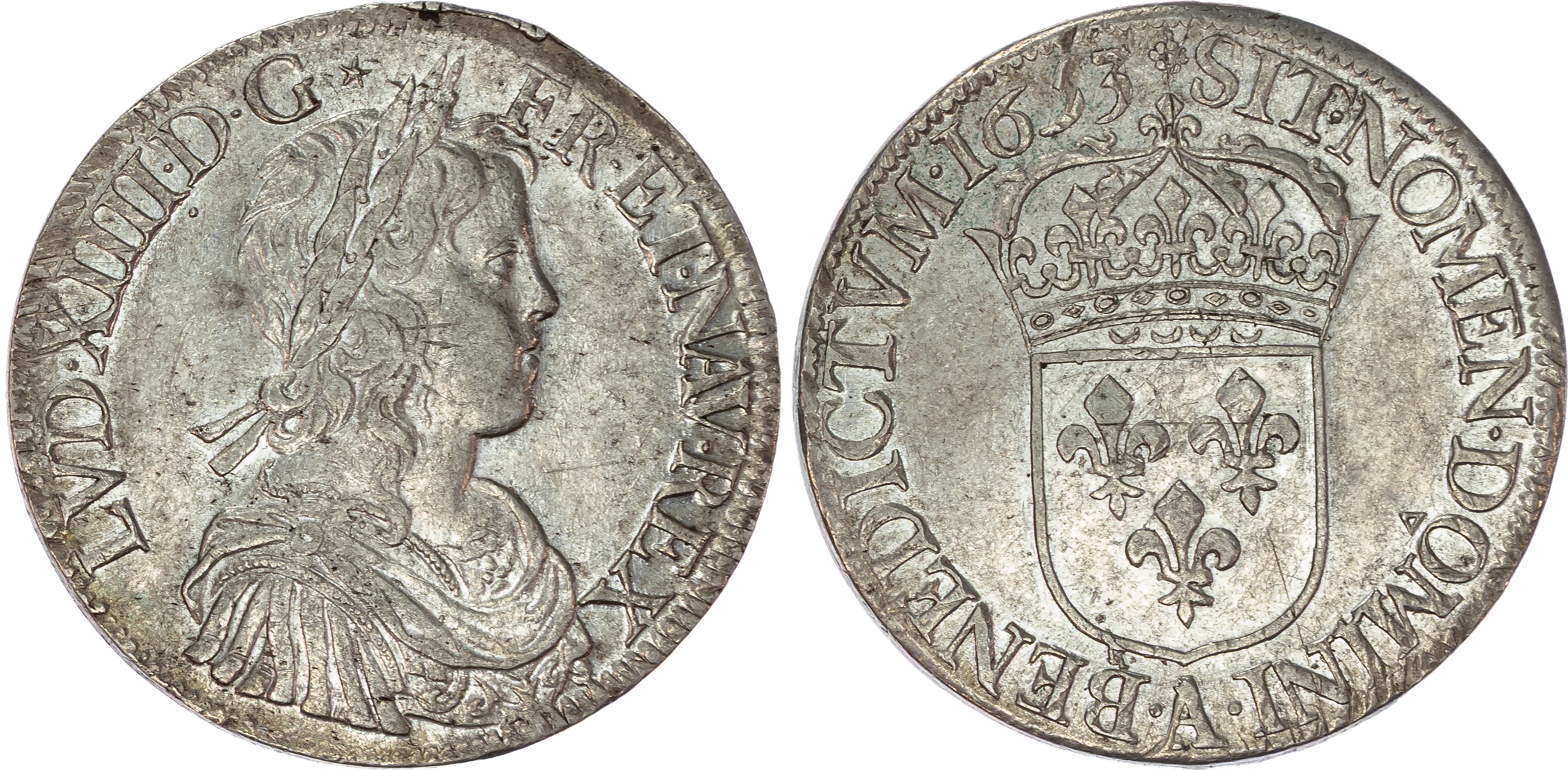 France , Louis XIV (1643-1715), silver Écu à la mèche longue, 1653 A, Paris, 27.42g (KM 155.1; Gad. 202). Extr…