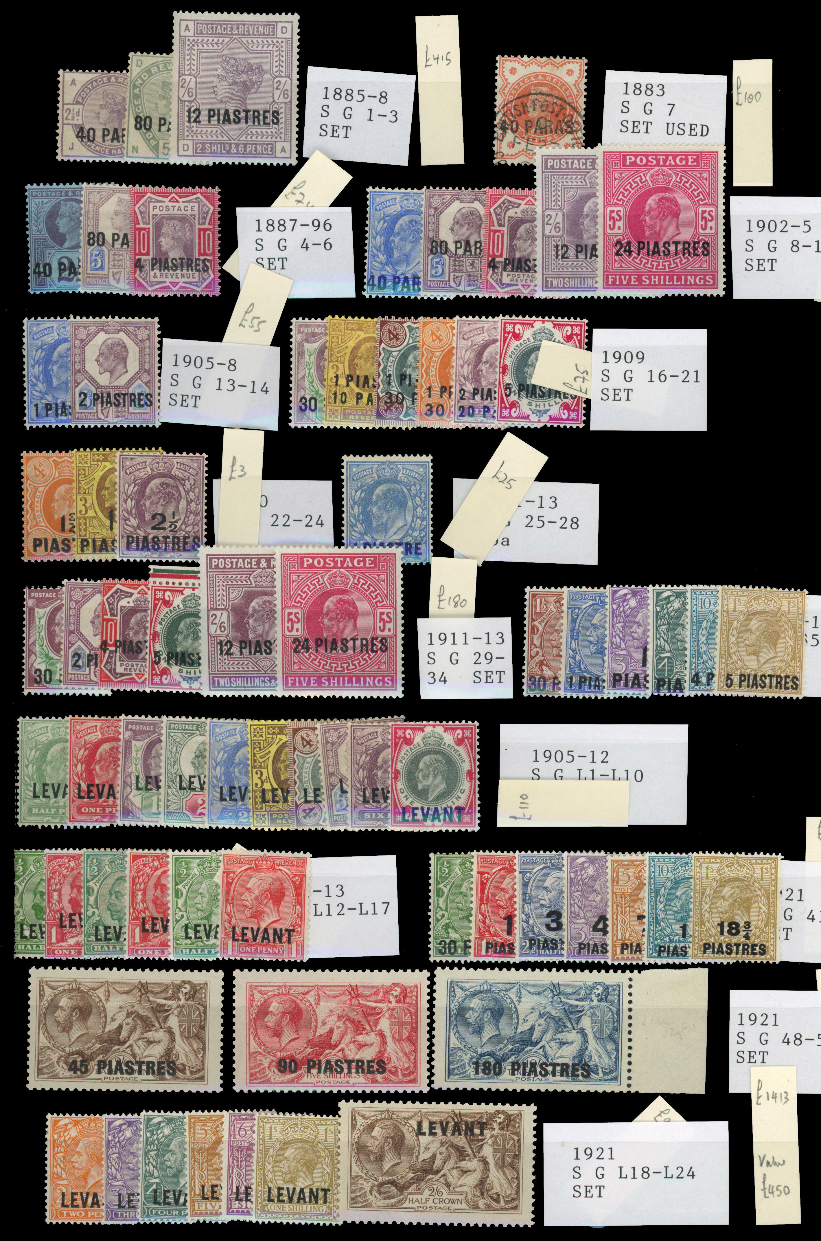British Levant: mint on card including 1885 to 12pi on 2s6d, 1887 to 4pi on 10d, 1893 40pa on ½d (used), 1902 to 24pi on 5s,