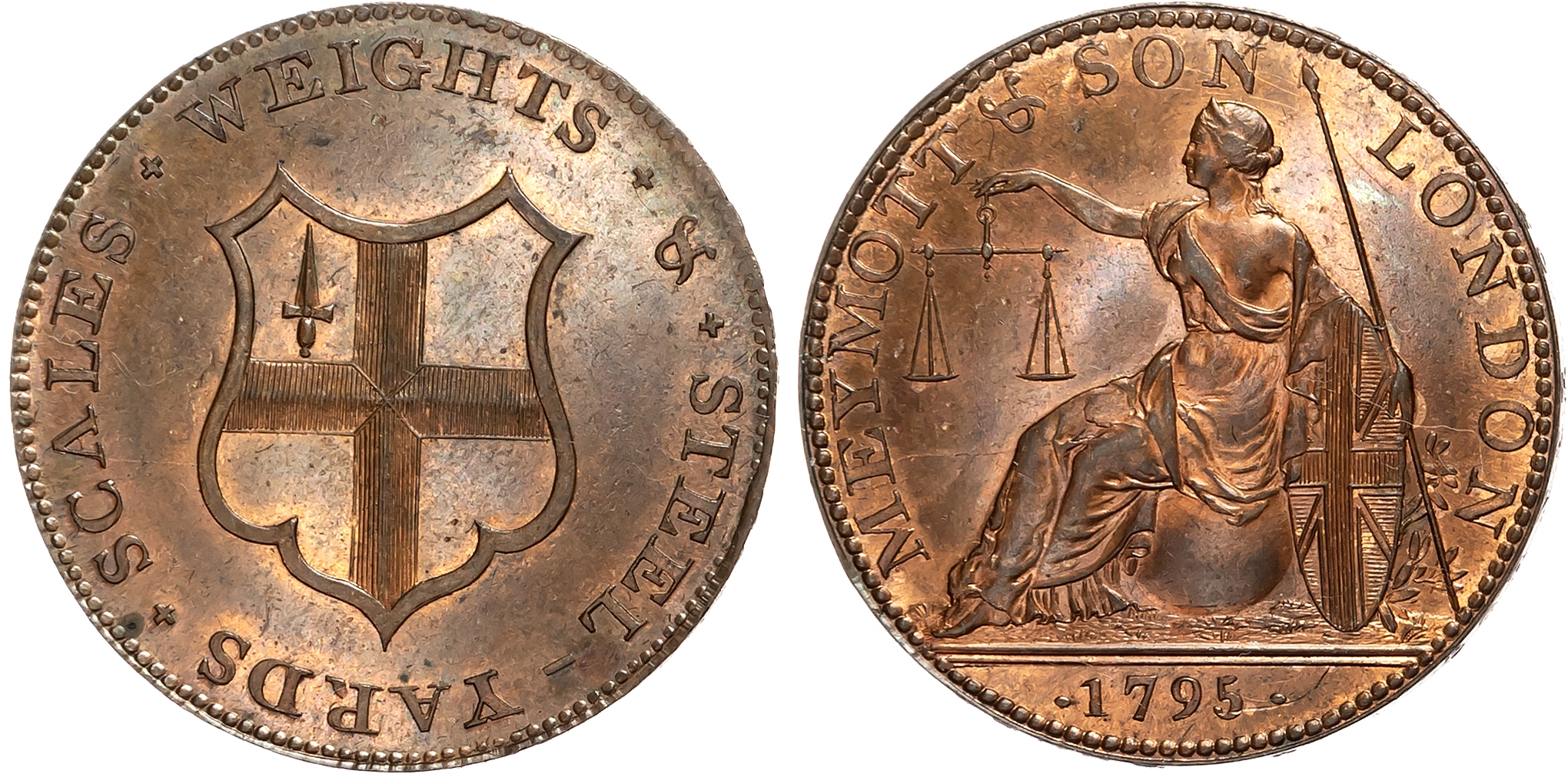 London, Bishopsgate, Clement & Samuel Meymott (scale-makers) Halfpenny 1795, Britannia seated left holding pair of scale …